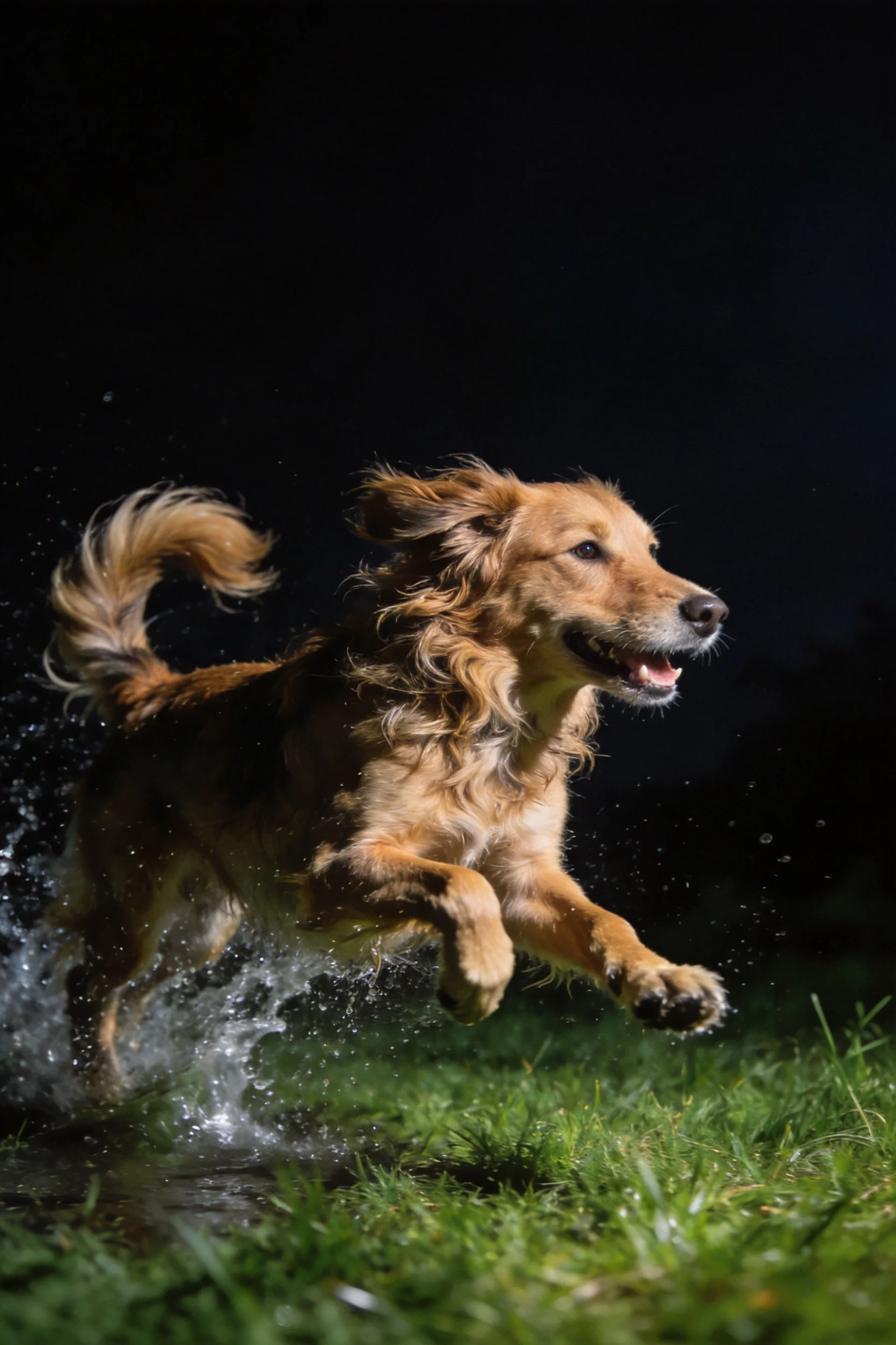 一只金毛寻回犬在草地上奔跑时,金黄色的长卷毛发飞扬,周围溅起水花。