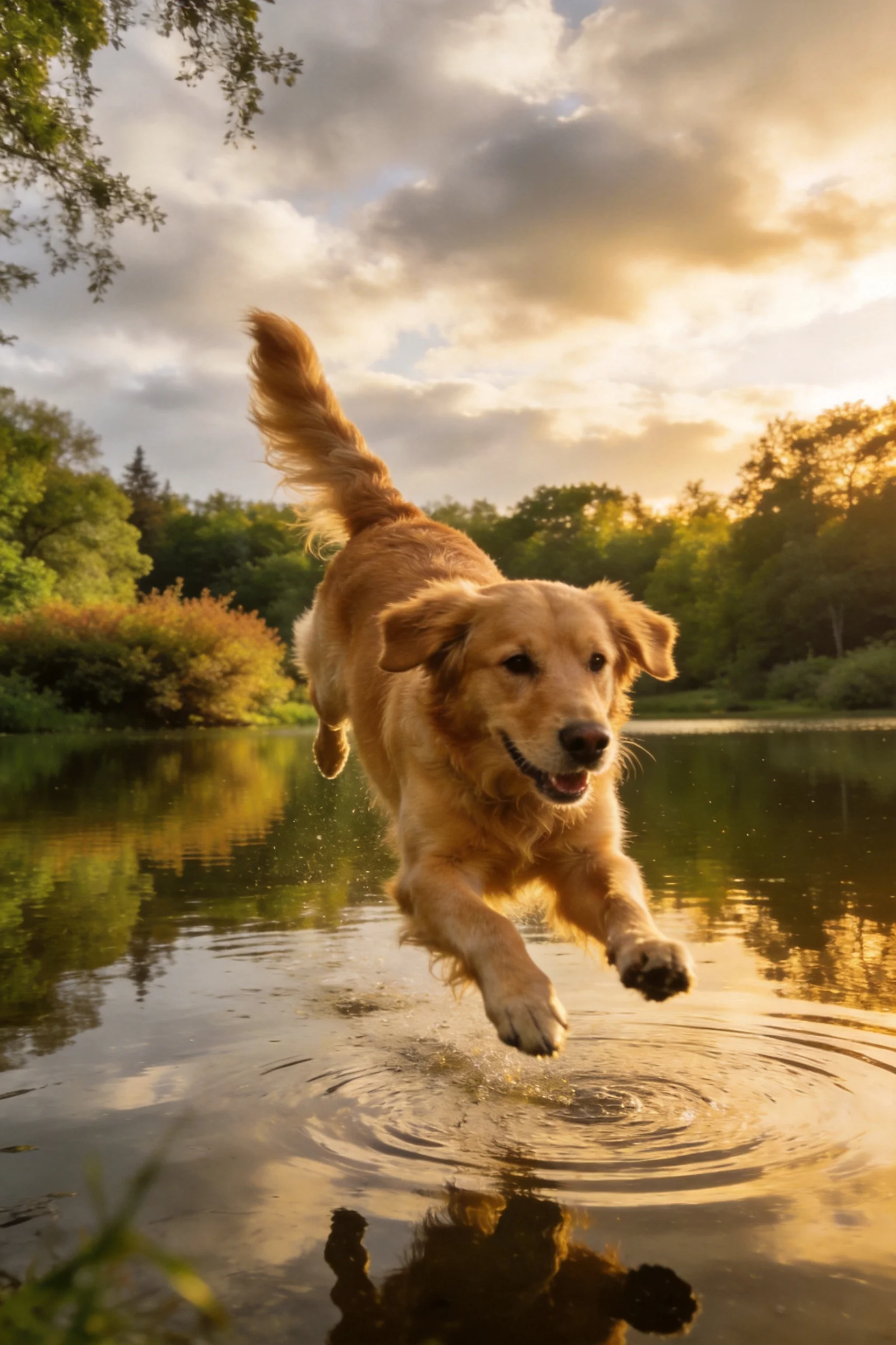 金毛寻回犬跳跃时爪子即将触碰水面,毛发在运动中显得蓬松。