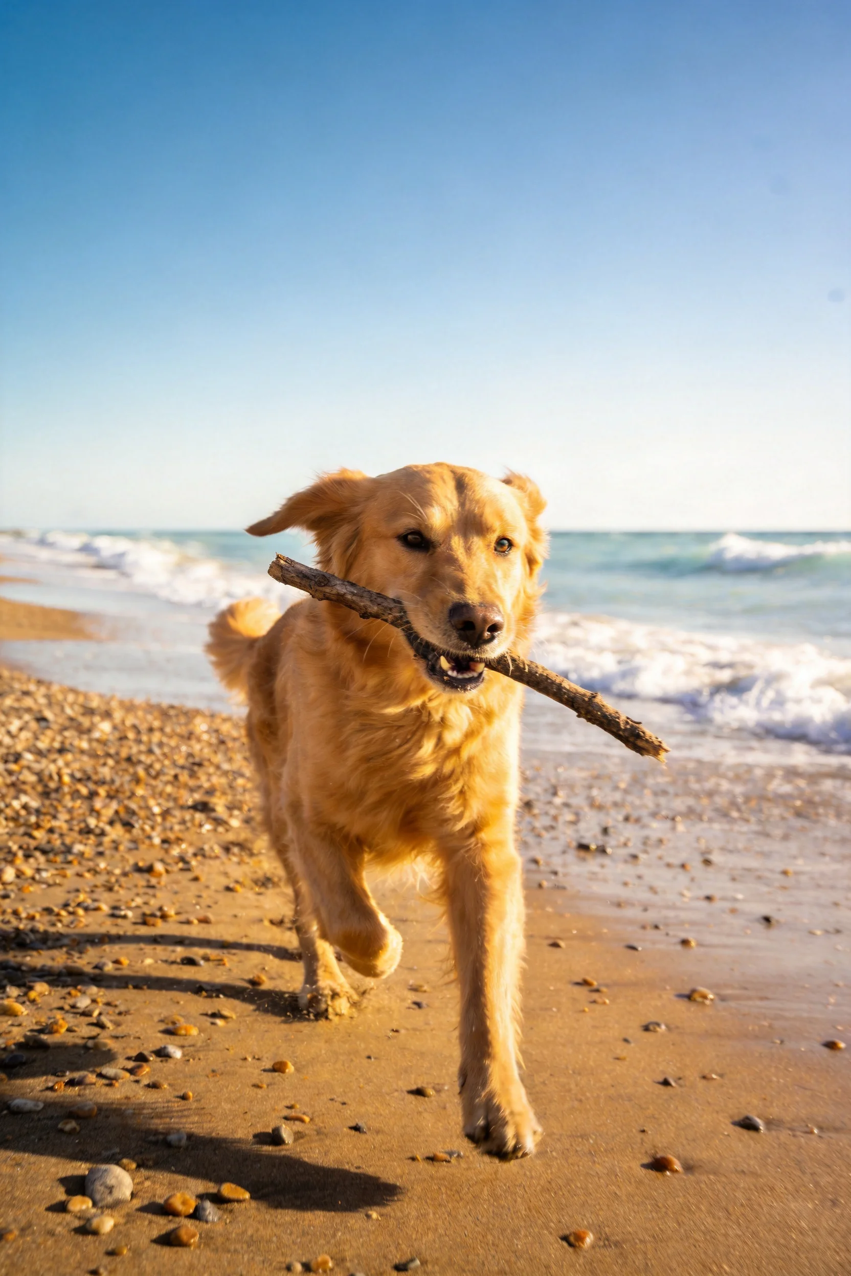 金毛寻回犬叼着树枝奔跑,金黄金色蓬松毛发清晰可见。