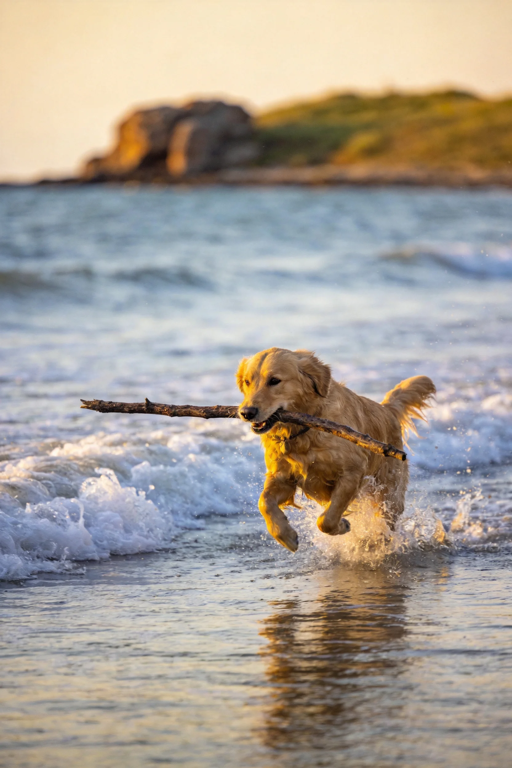 金毛犬嘴里衔着木棍在海滩浅水中奔跑,金黄色的毛发湿润贴在额头上。