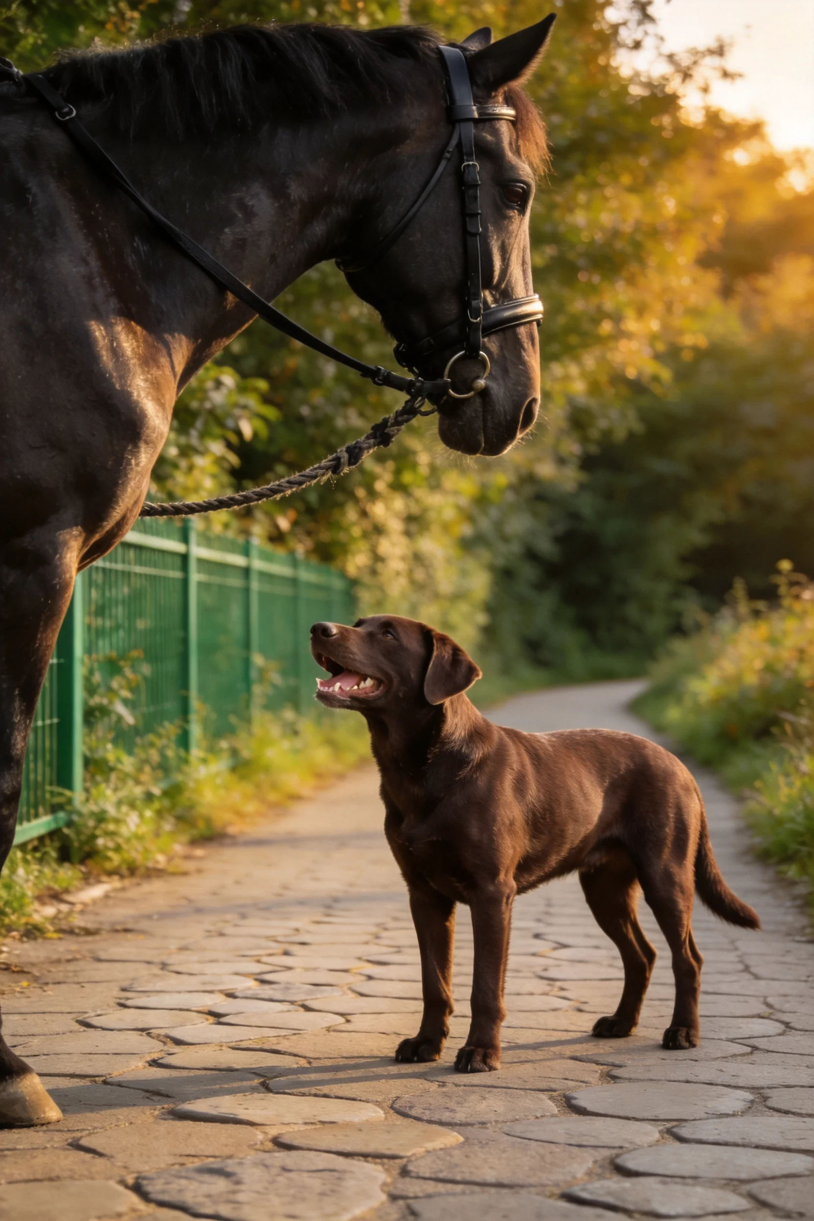 巧克力拉布拉多犬正与黑马面对面近距离接触,狗狗嘴巴张开,毛发短而浓密。