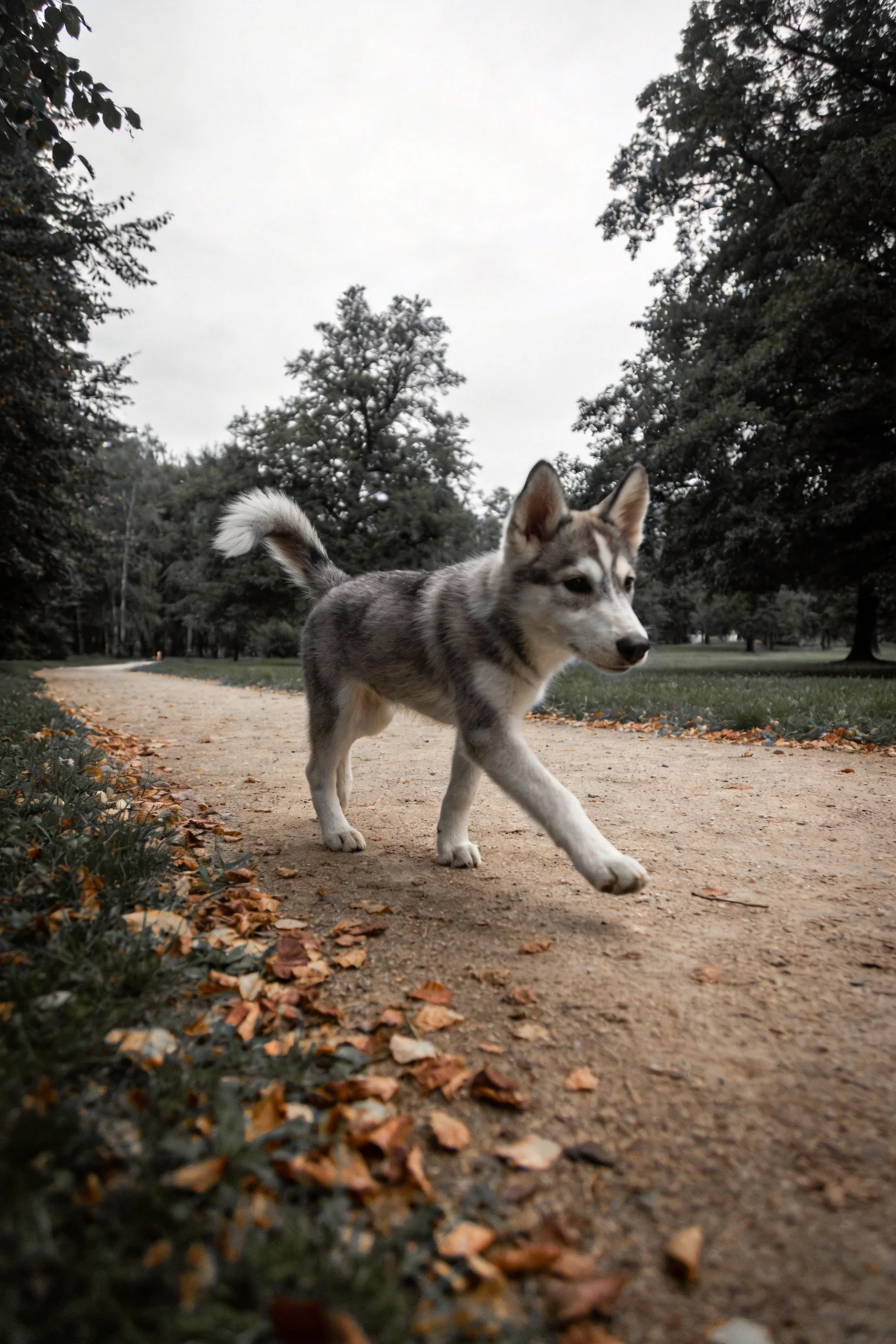 西伯利亚雪橇犬幼犬在林间小道上行走,灰白相间的毛发清晰可见。