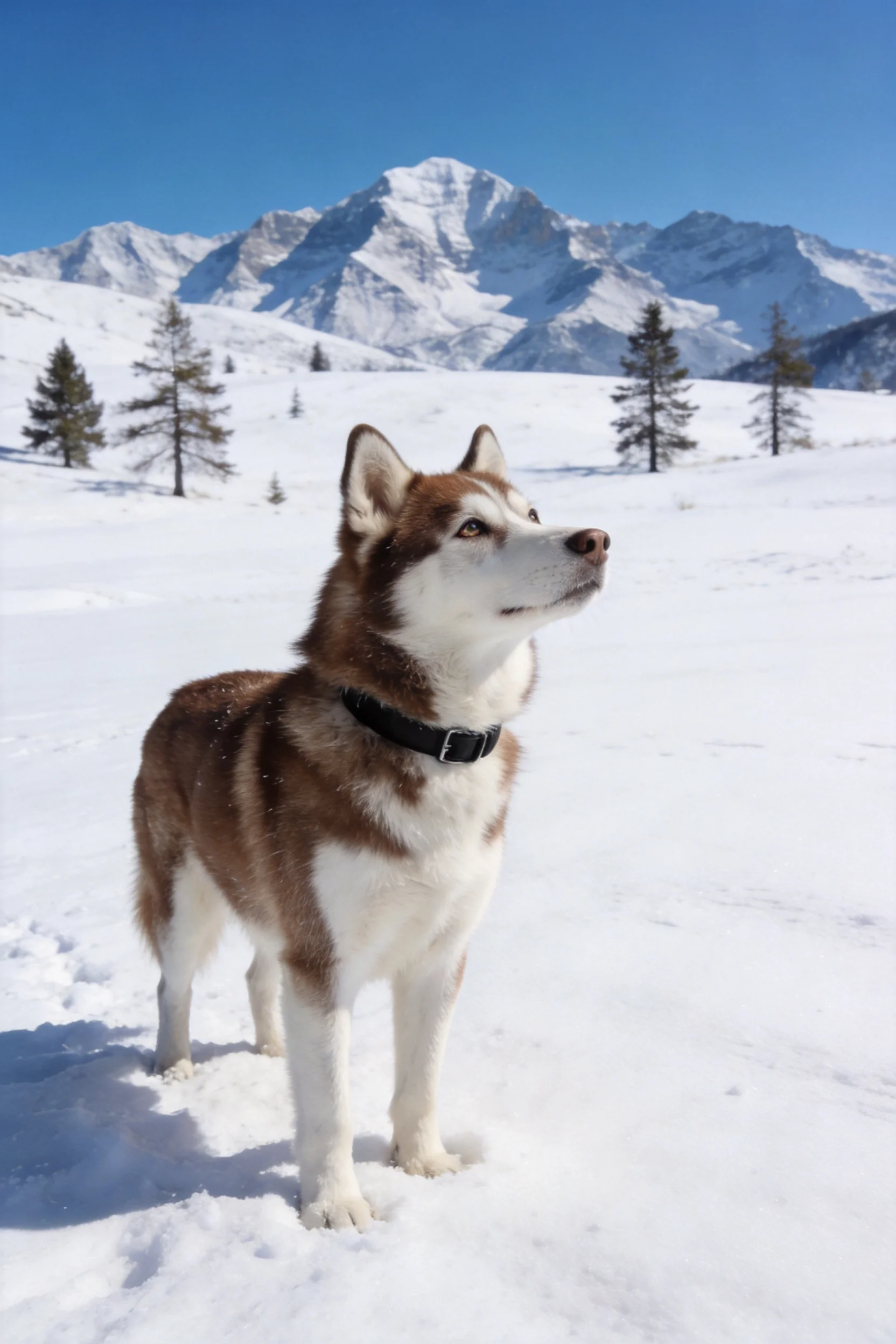 西伯利亚雪橇犬抬头张望,棕白相间的毛发蓬松贴附在身上,处于开阔的雪山雪地环境中。