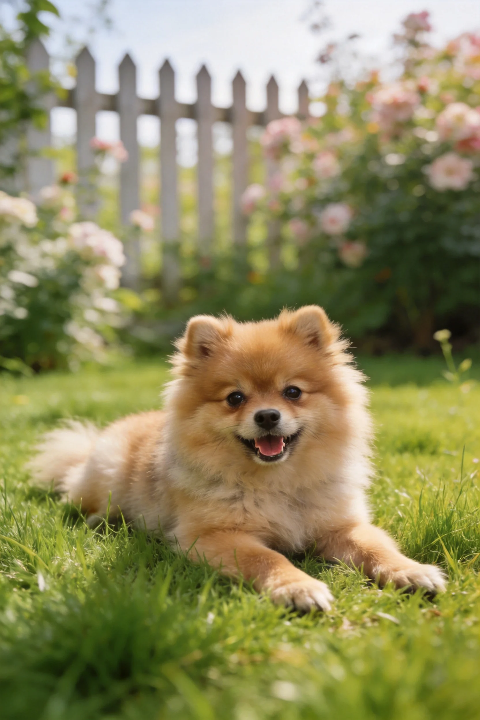 花园草坪上的博美犬,浅棕色蓬松毛发,在翠绿草地上,嘴巴张开露出愉悦神情。