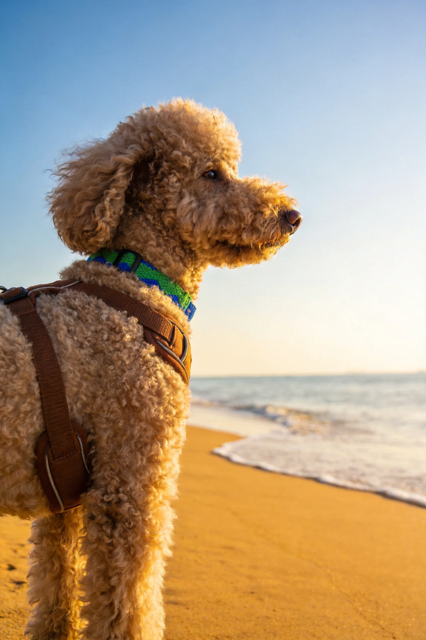 贵宾犬有着卷曲的浅棕色毛发,佩戴着彩色项圈,正面向海洋眺望。