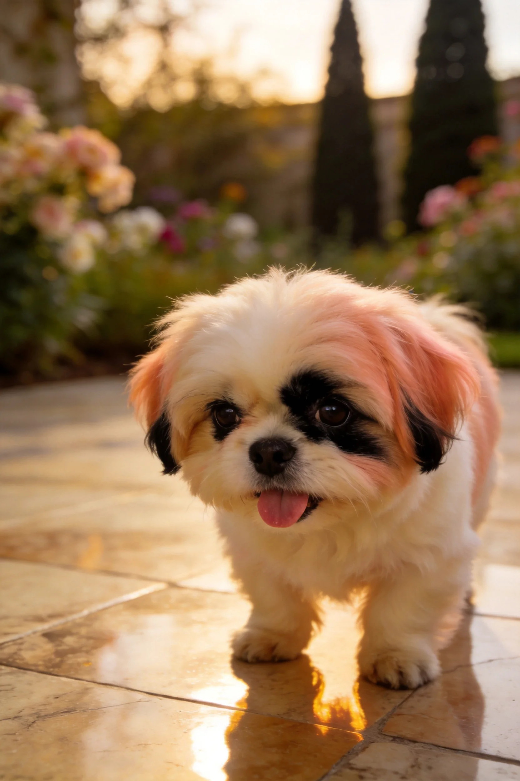 一只西施犬幼犬,拥有白橙相间毛发和黑色面部斑纹,站在花园瓷砖地面上,嘴巴张开露出粉色舌头。