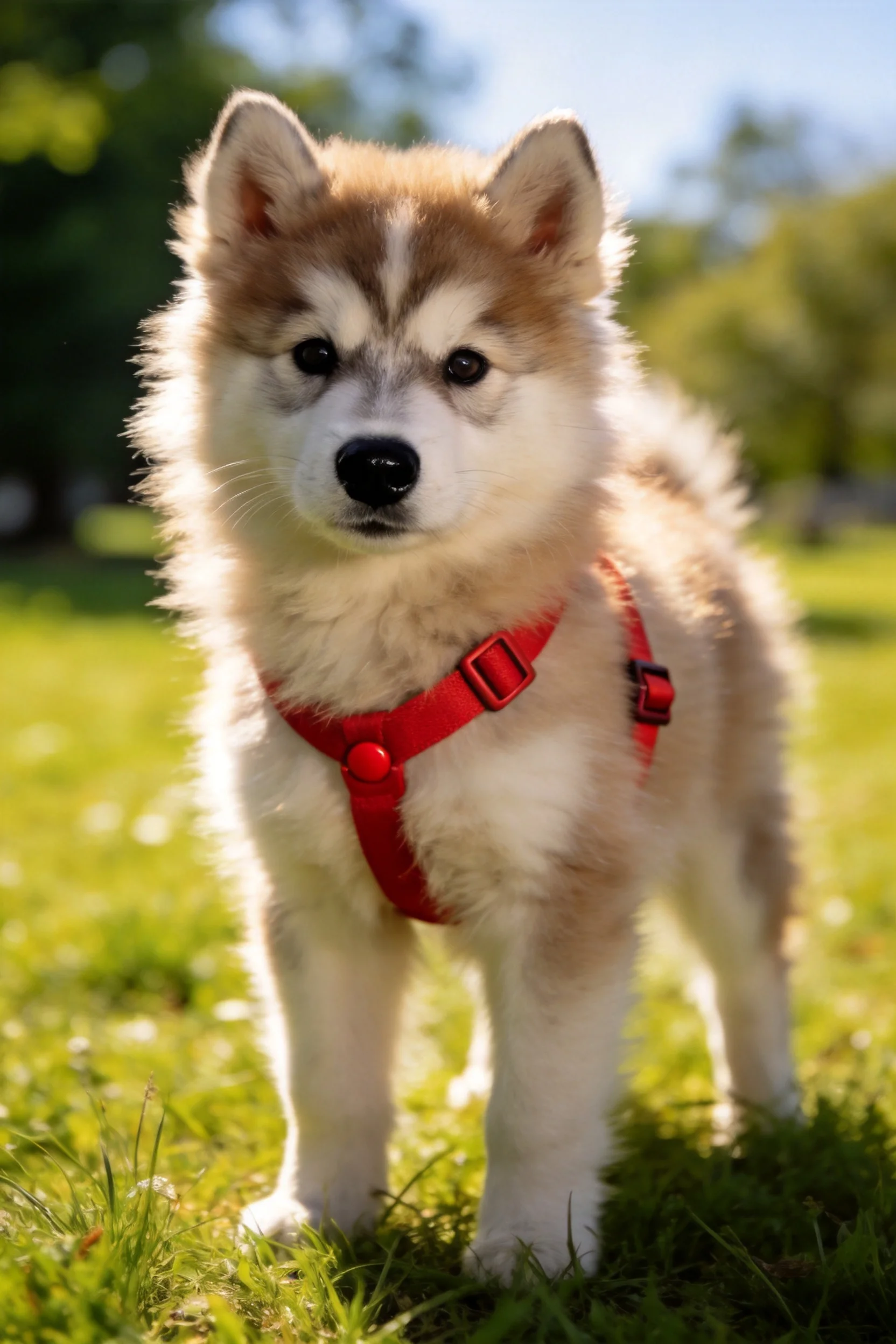 阿拉斯加雪橇犬幼犬站在草地上,身穿红色胸背带,目光注视着镜头方向。