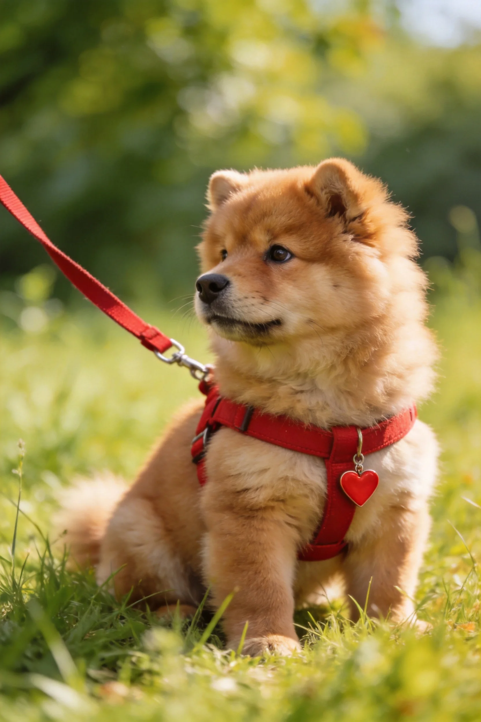 柴犬幼犬安静坐着,身上红色牵引带有心形挂饰,蓬松浅棕色毛发清晰可见。