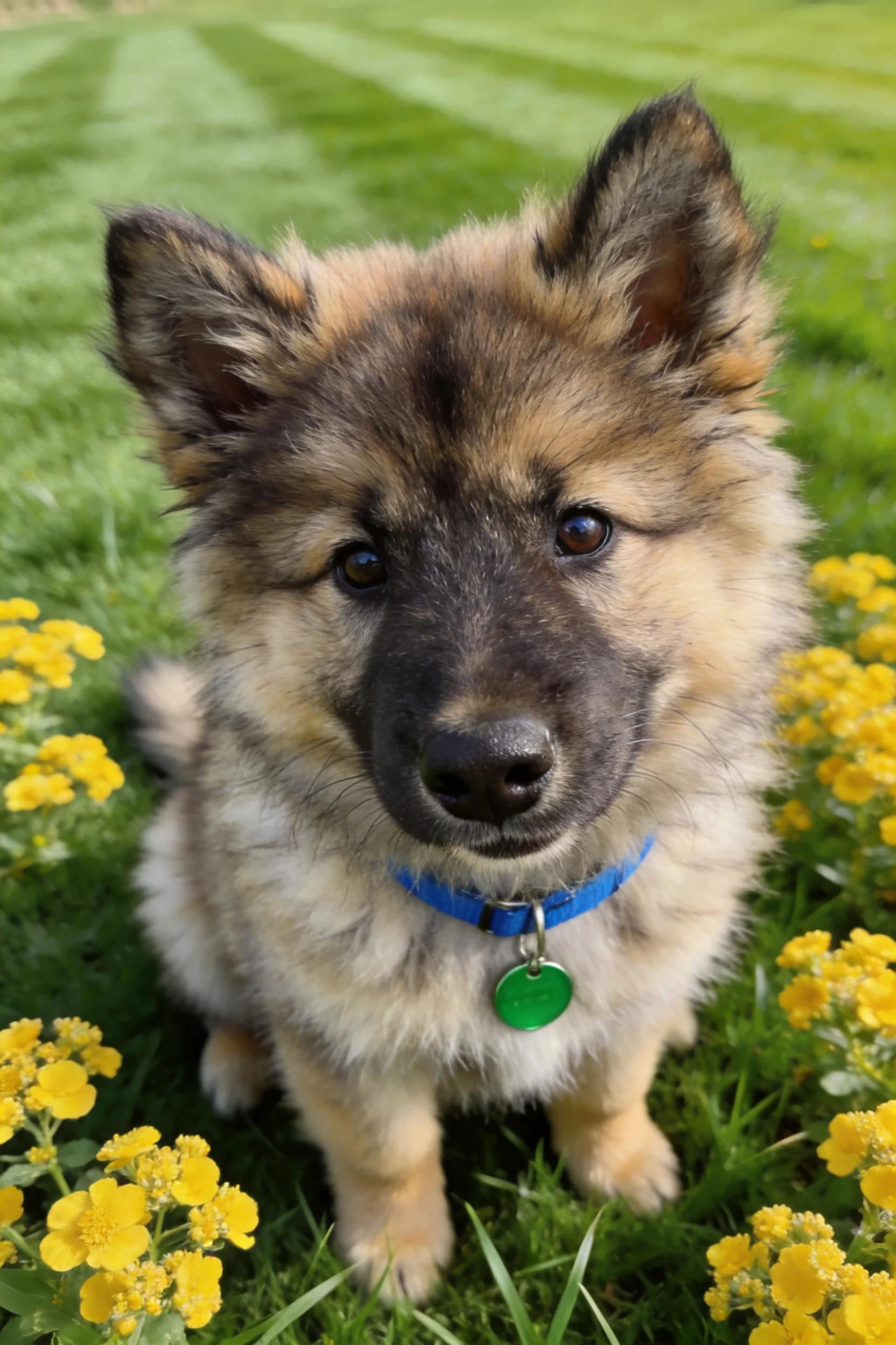 一只德国牧羊犬幼犬,有着黑棕相间的毛发,正安静地坐在花草丛中,蓝色项圈清晰可见。