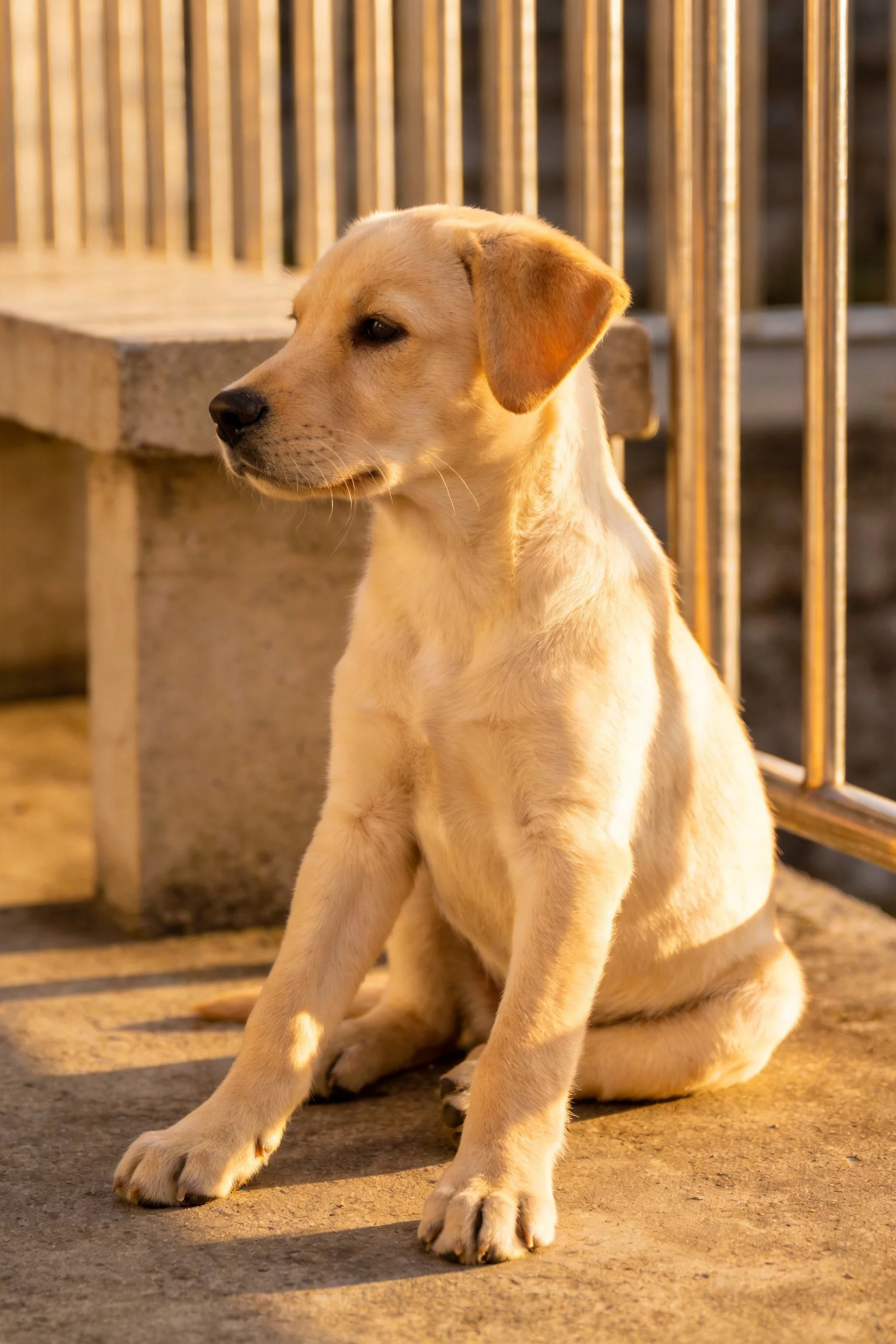 一只黄色拉布拉多幼犬安静地坐着,浅黄色绒毛在阳光下显得格外柔软,姿态放松。