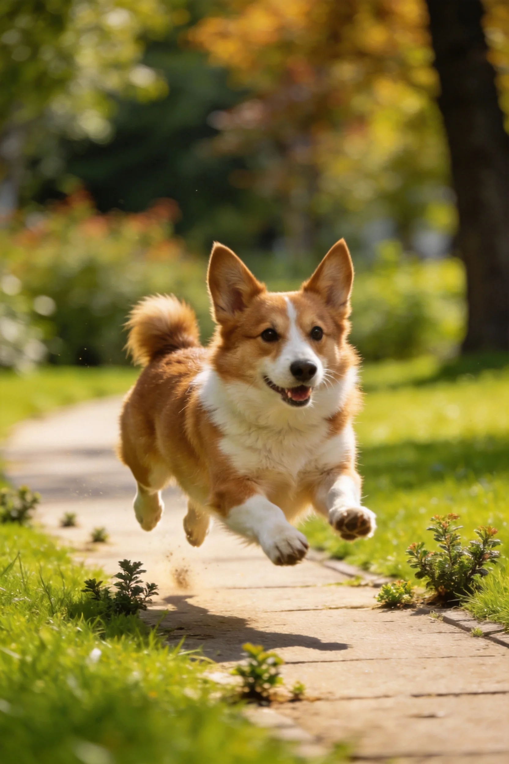 威尔士柯基犬在户外小径上奔跑,浅棕色与白色相间的毛发,爪子接触地面的瞬间。