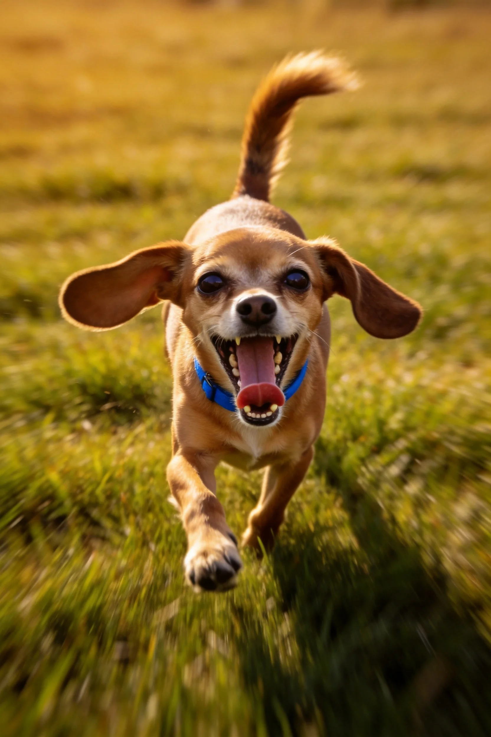 小型长耳犬嘴巴张开露出牙齿,舌头伸出,在青草地上奔跑。