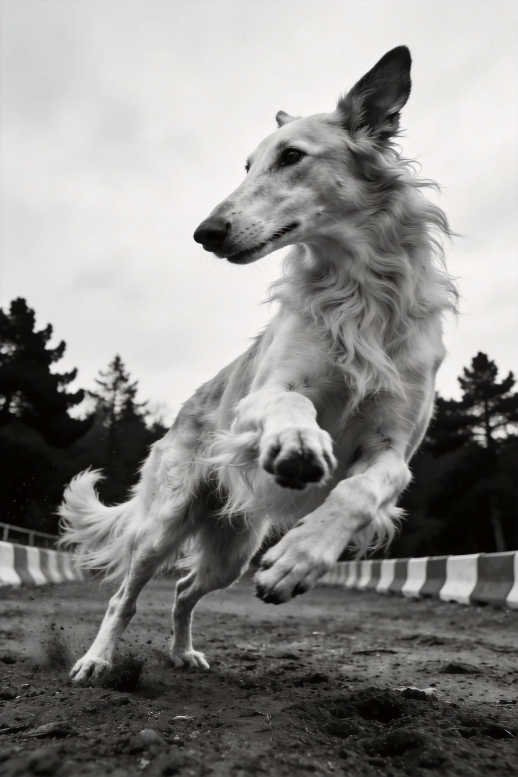 一只长毛猎犬在户外场地跳跃,毛发呈动态飘扬状态,四肢腾空展现运动姿态。