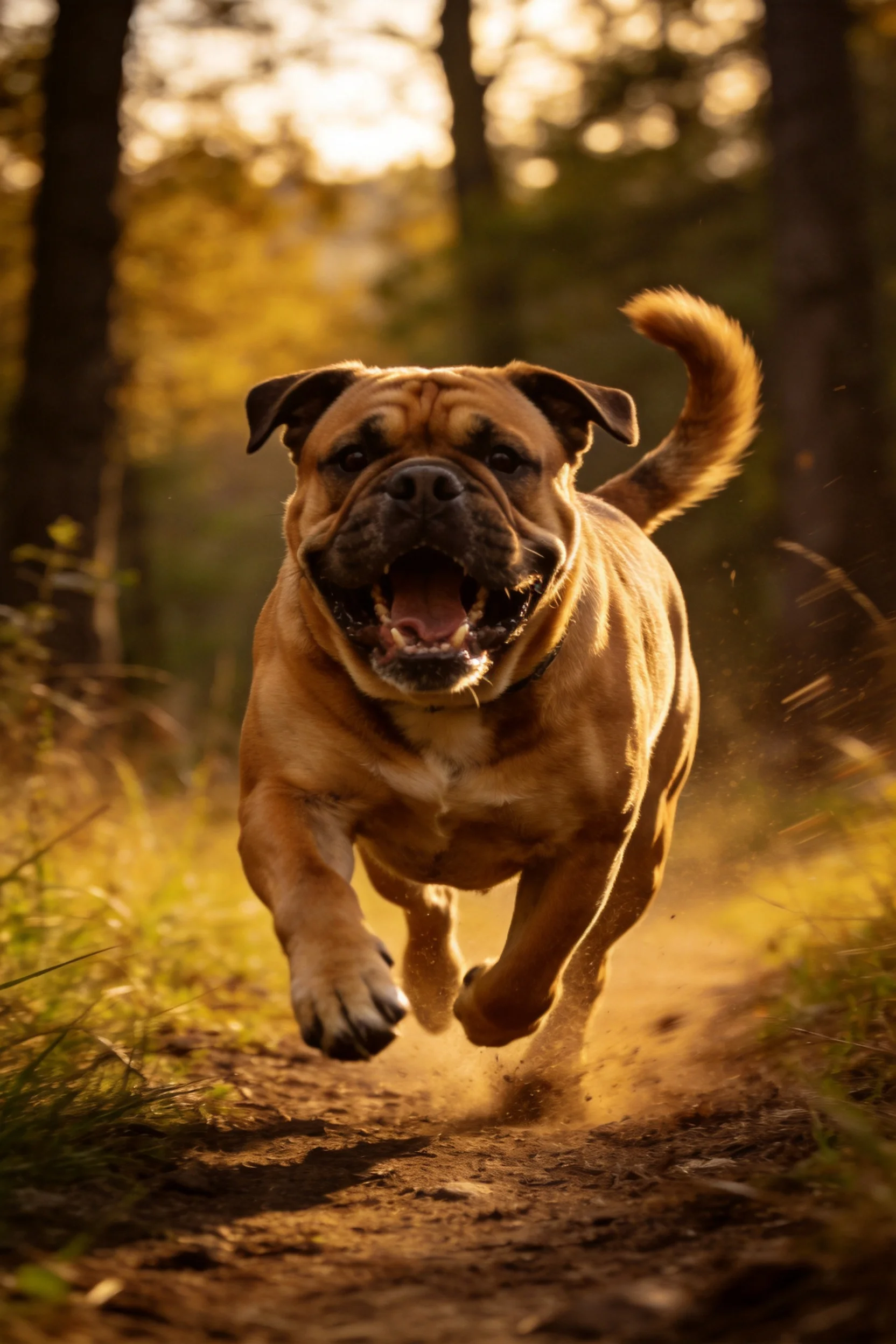 牛头獒犬在林间小径上奔跑,棕褐色皮毛在阳光下闪耀,前爪离地,尾巴高高翘起。