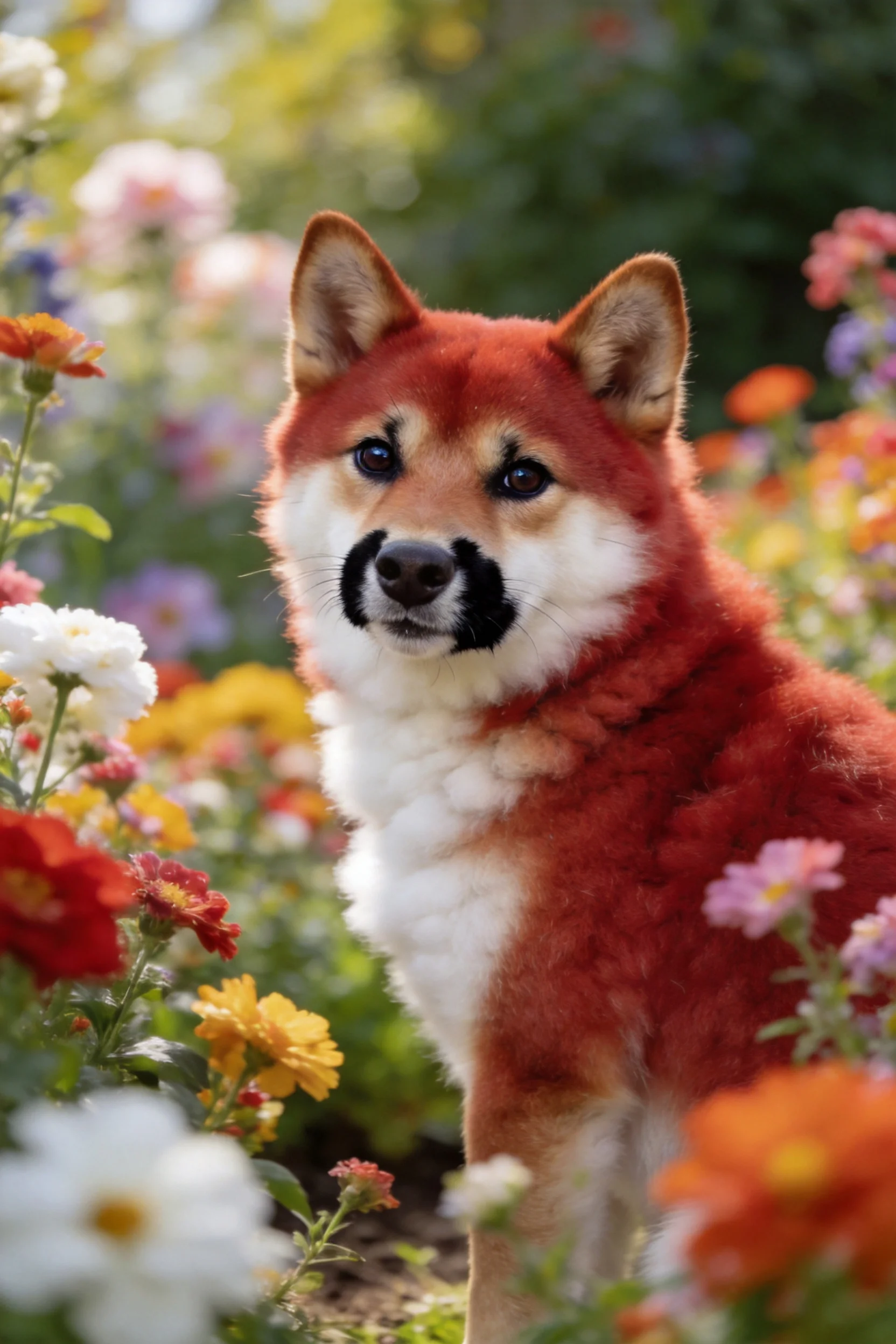 柴犬站立在彩色花丛中,黑色的口鼻部与红白相间的被毛形成鲜明对比,耳朵竖立着,眼神平静。