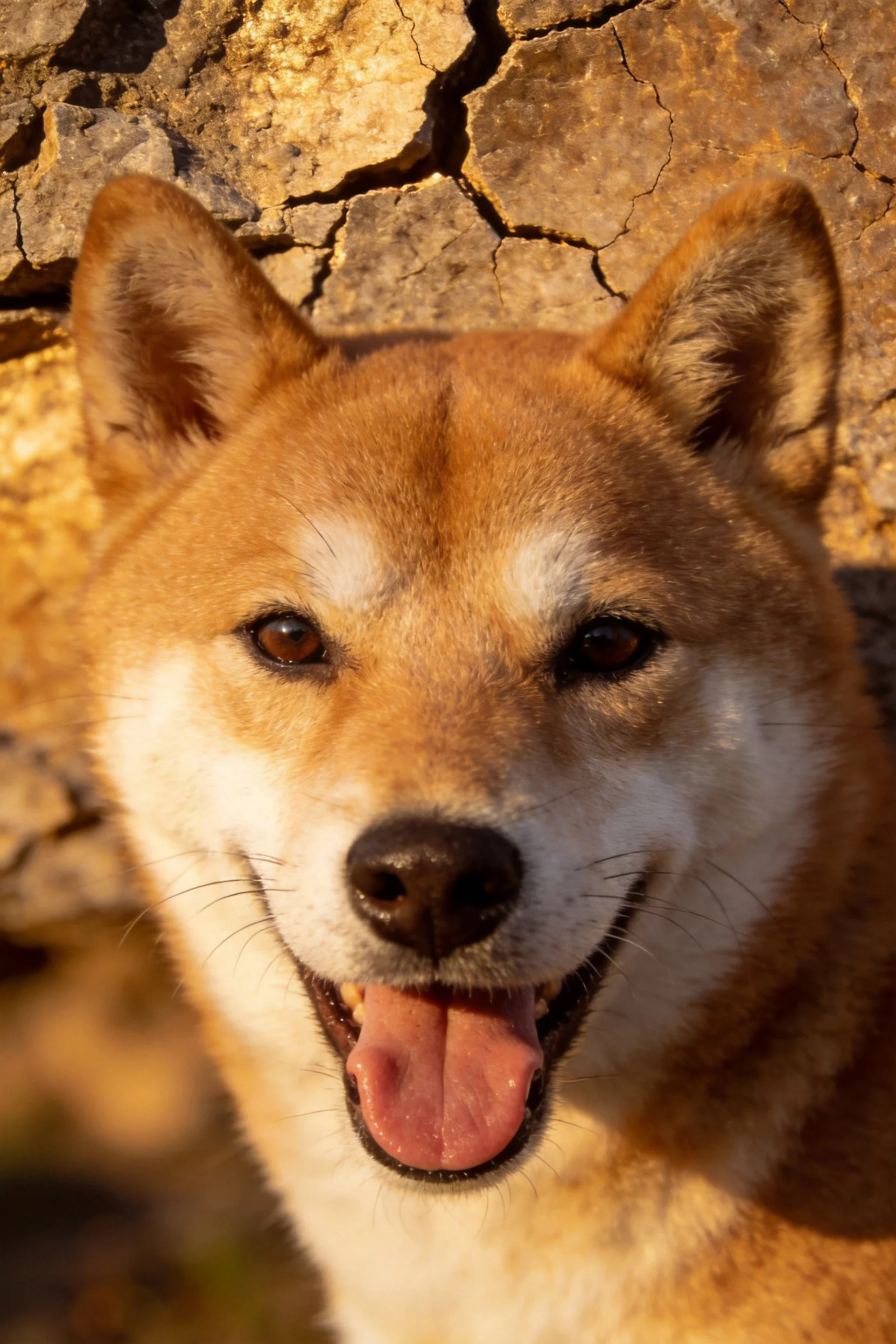 一只在干燥土地背景前的柴犬,嘴巴张开露出粉色舌头,耳朵竖立姿态放松。