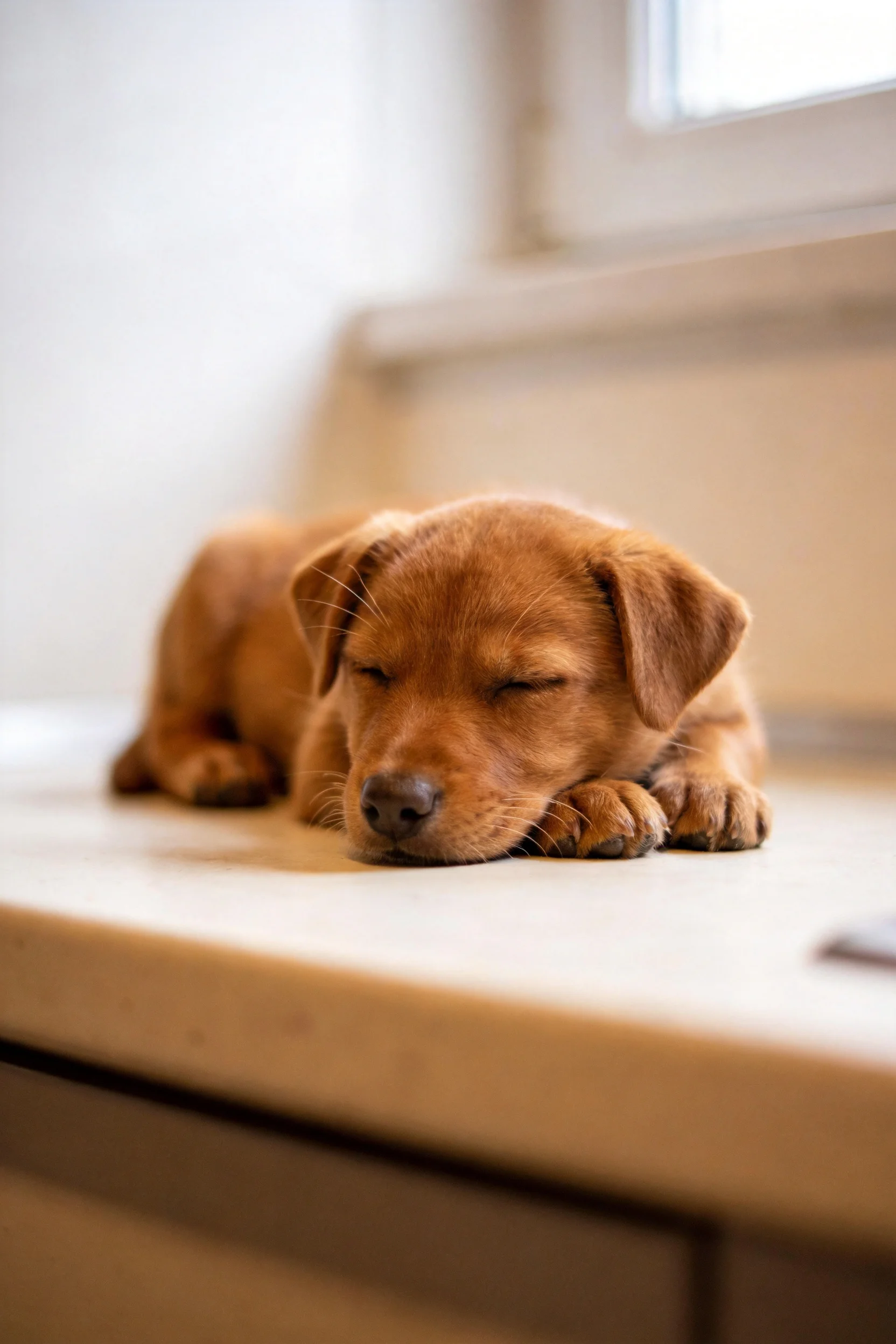 暖棕色短毛混种幼犬双眼闭合安静睡眠,前爪交叠置于浅色平面之上。