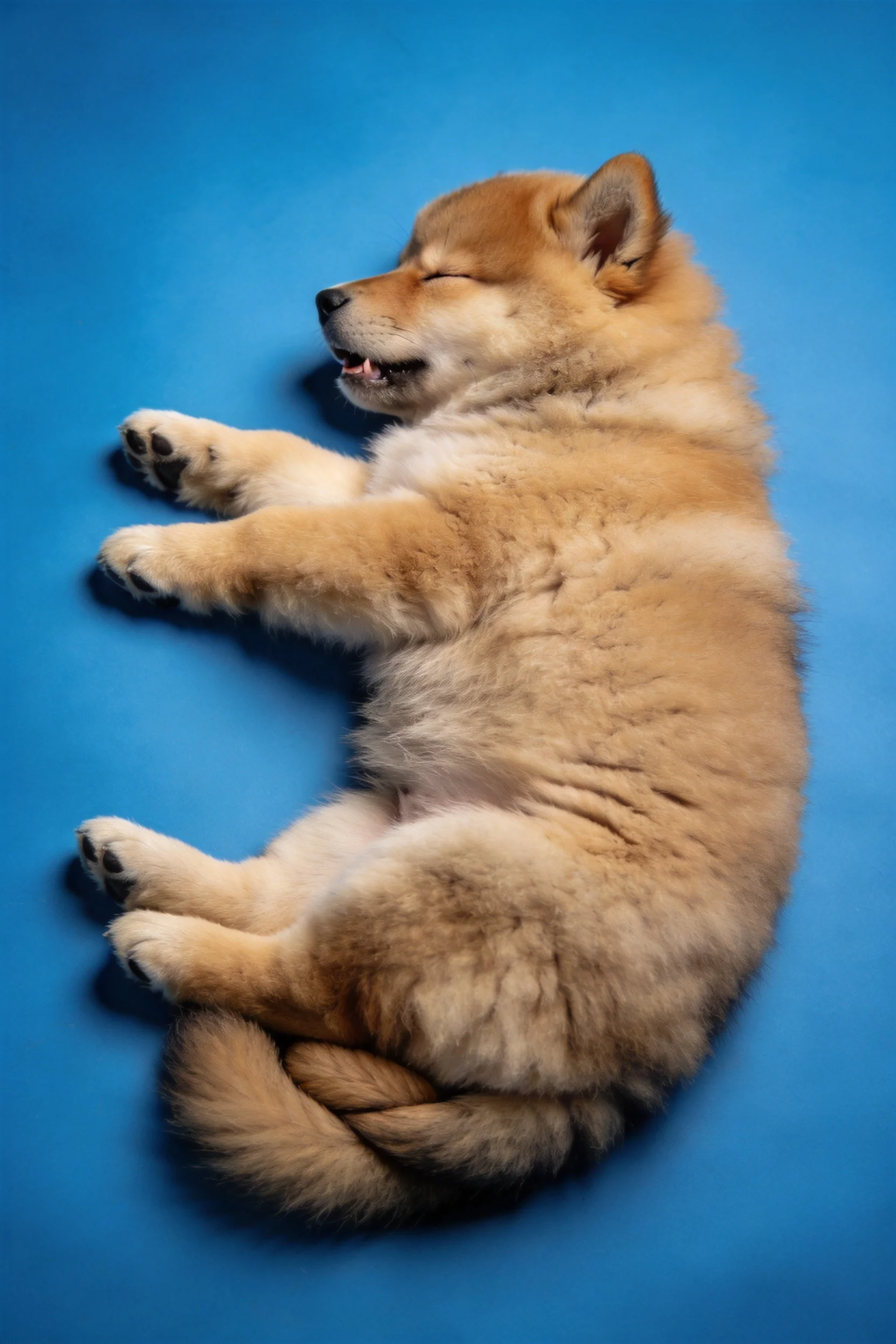 柴犬幼犬舒展身体躺在蓝色背景上,浅棕色毛发与白色斑纹清晰可见。