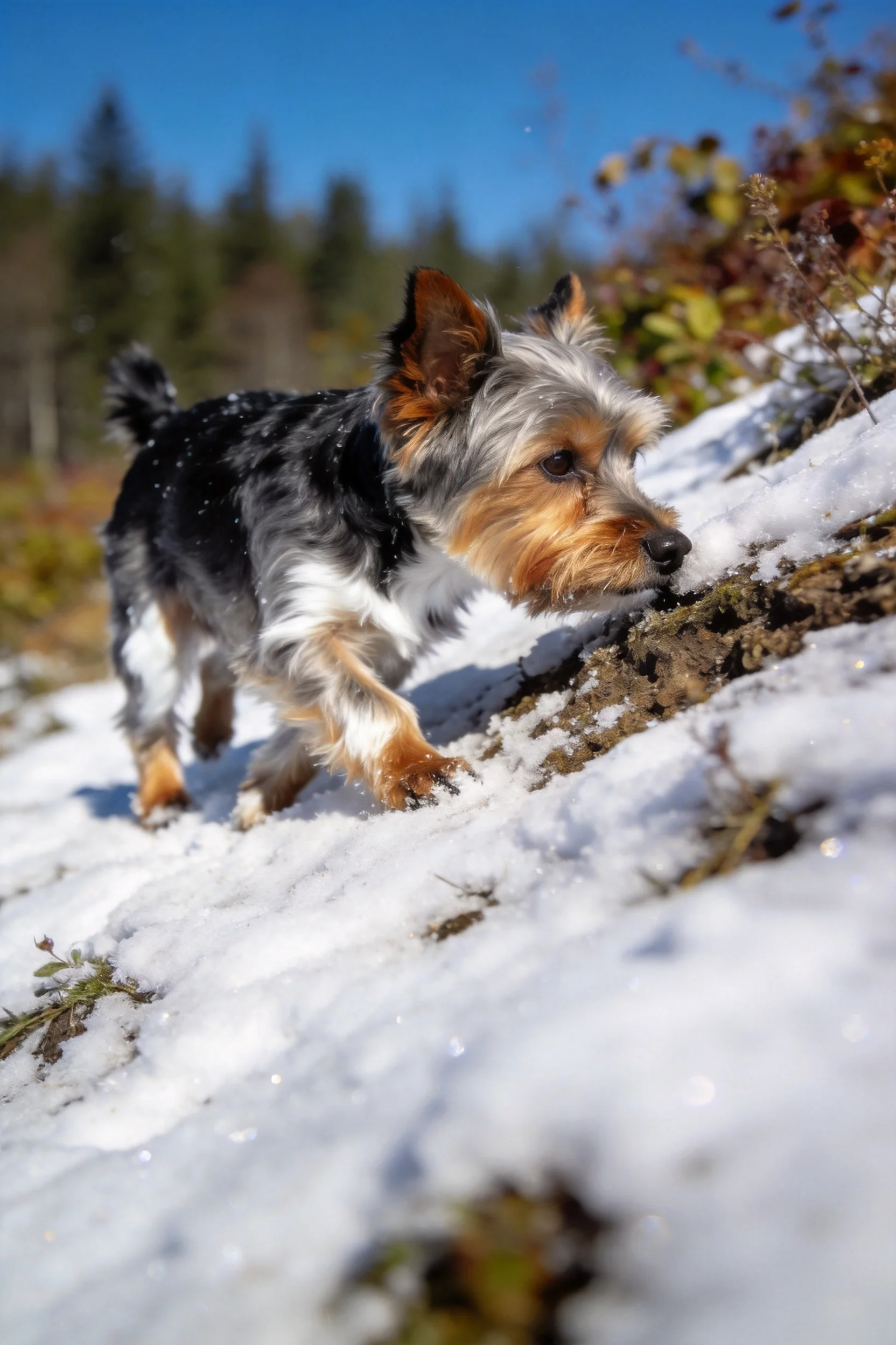 小型梗犬混种将黑色鼻尖贴近雪地，毛发蓬松且呈现黑、灰、棕三色纹理。