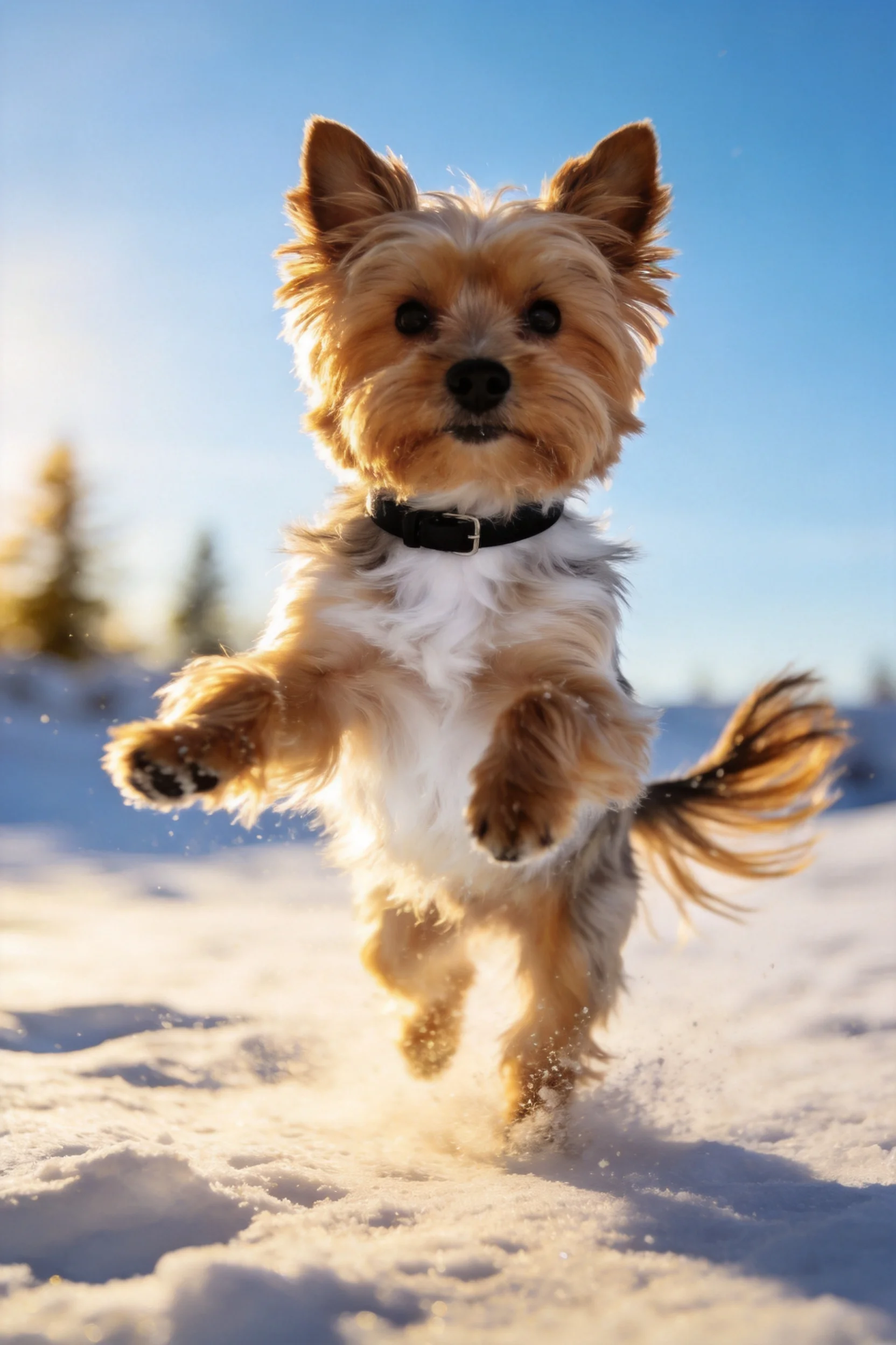 约克夏梗犬在雪地中奔跑,浅棕与白色相间的毛发清晰可见,四肢有力蹬踏在雪地上。