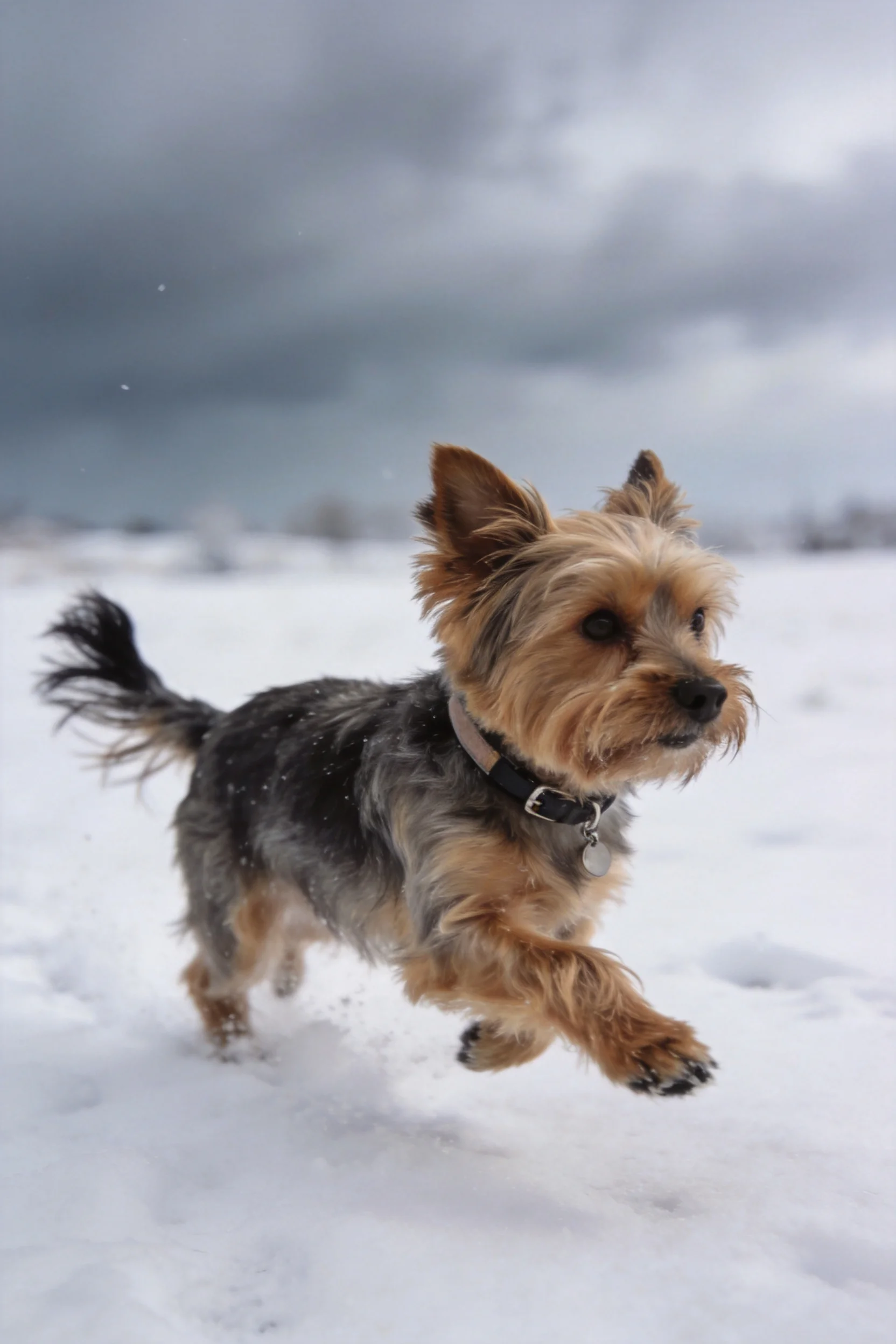 一只黑灰相间的边境梗犬在雪地上奔跑,毛发清晰可见。