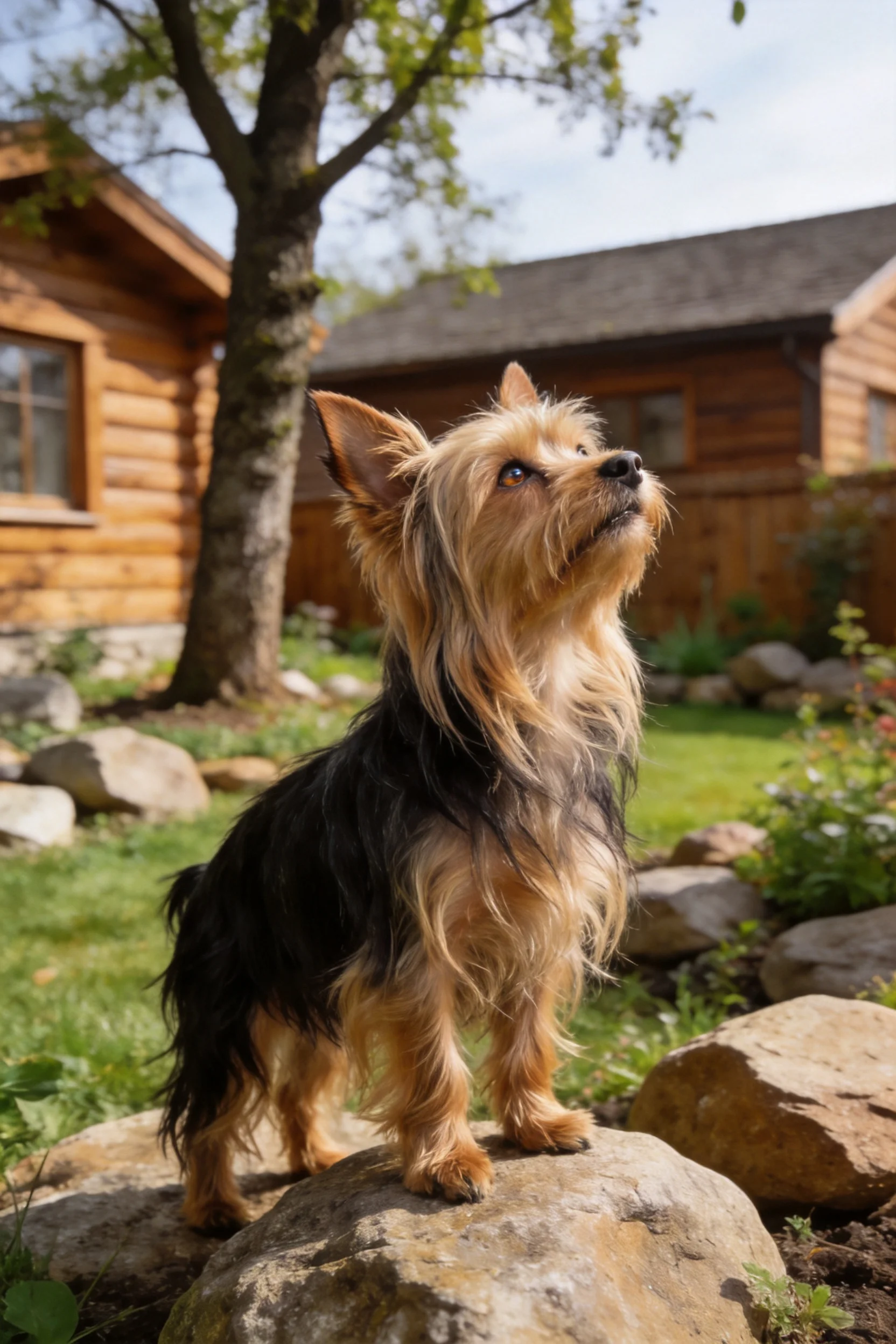 约克夏梗犬有着黑棕双色长毛,耳朵竖起,目光注视着上方空间。