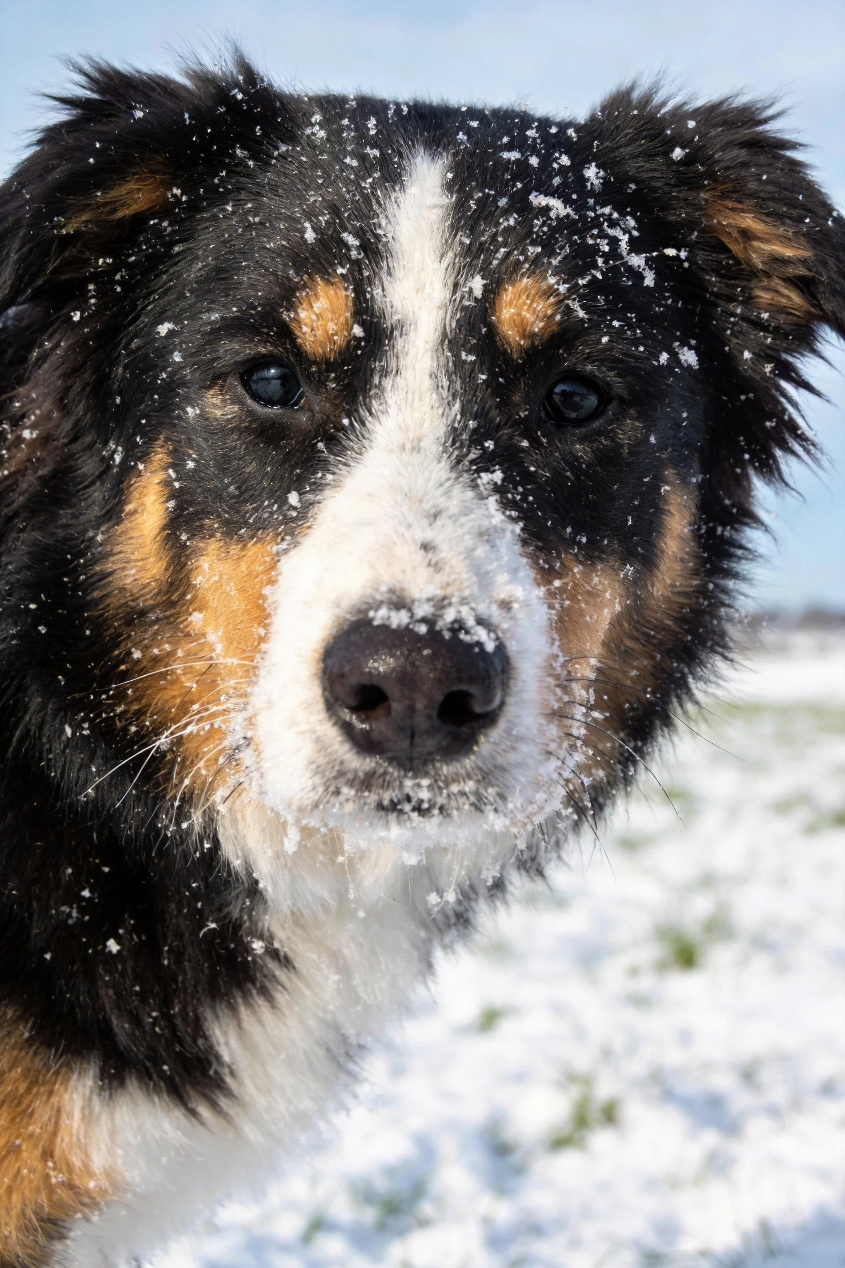 黑白棕相间的边境牧羊犬面部沾有雪花,眼神专注地注视前方。