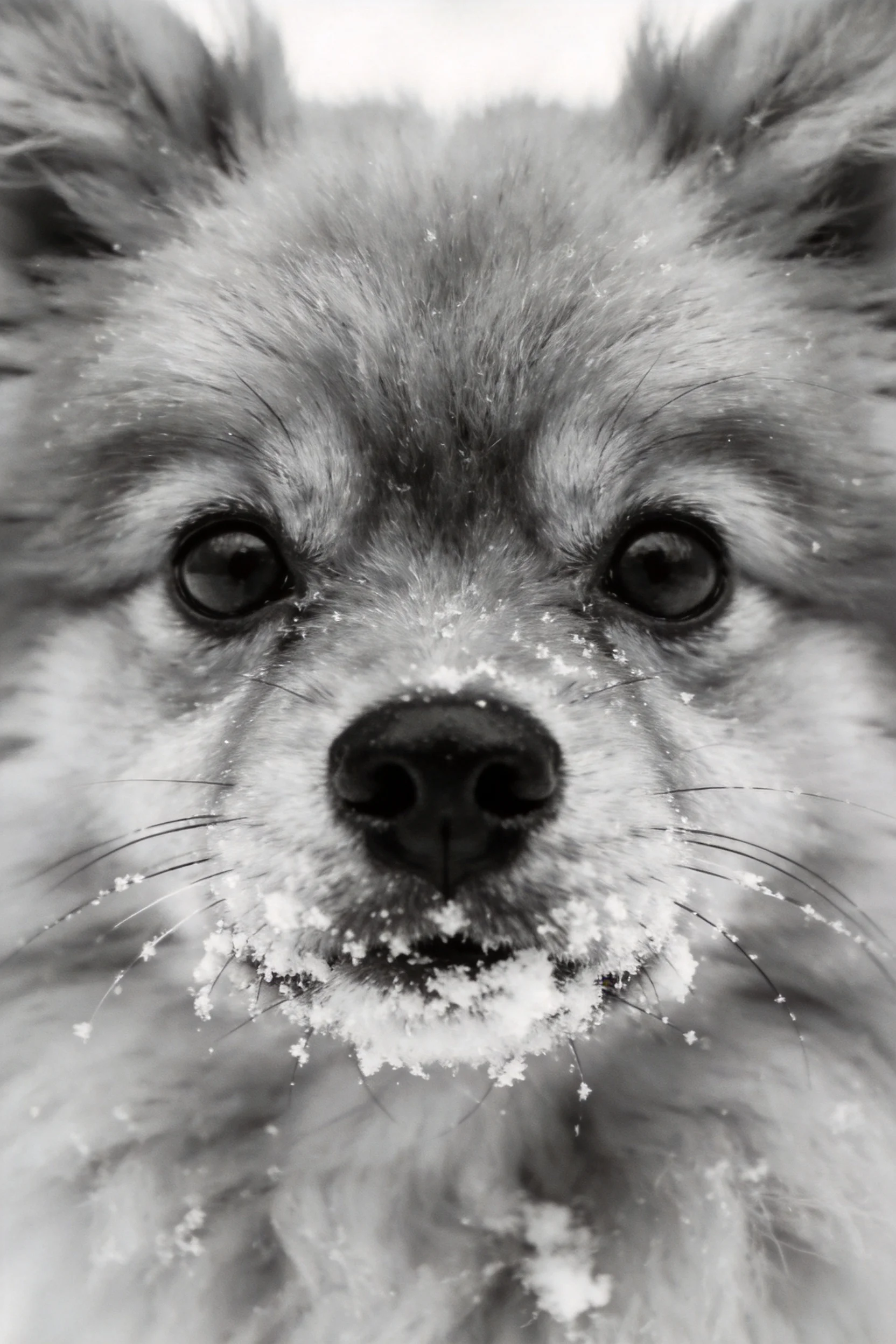 一只博美犬,嘴巴周围沾有积雪,黑白摄影下展现出其蓬松柔软的毛发与清澈的眼神。