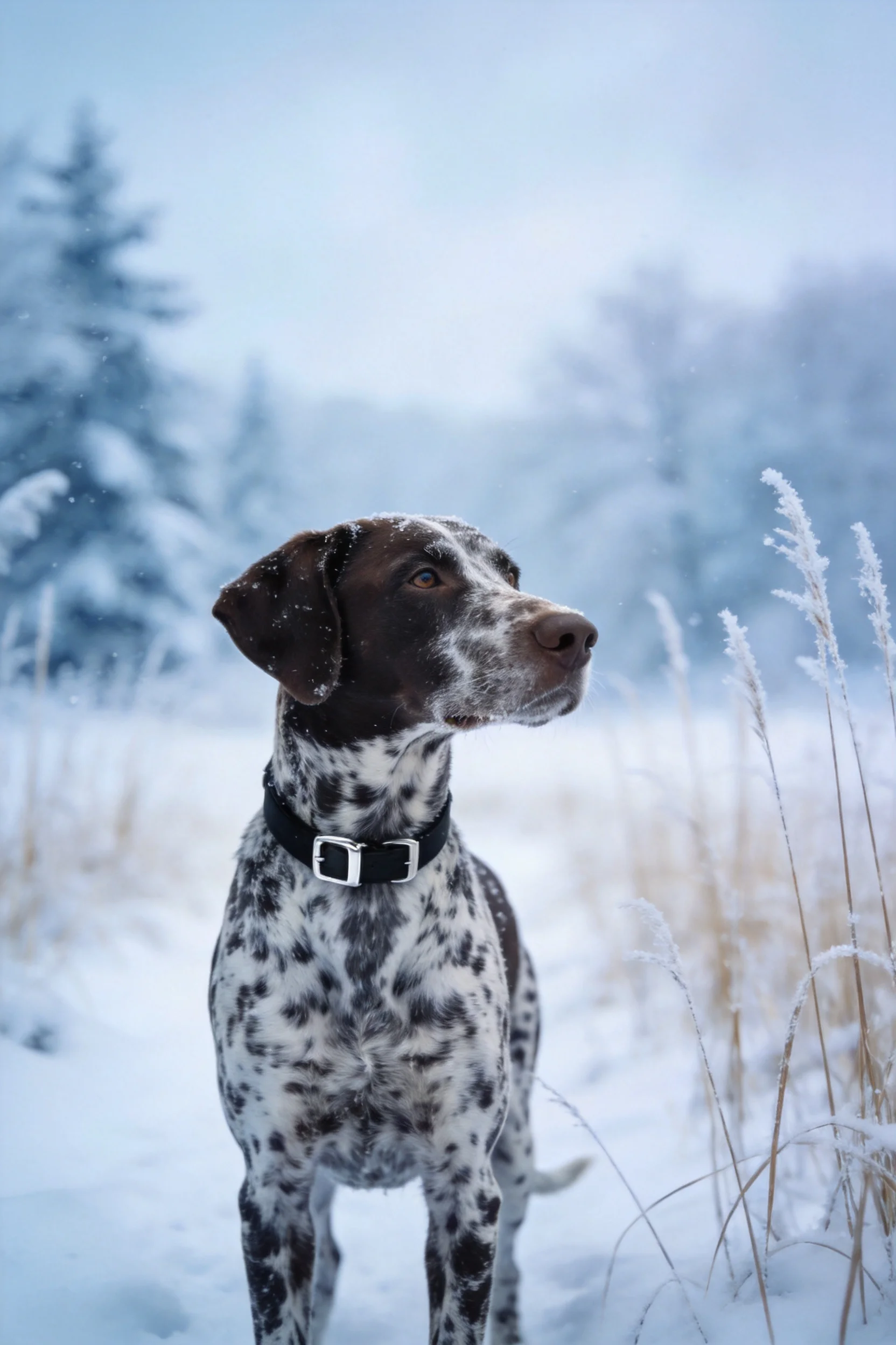德国短毛指示犬目光注视远方,黑白斑纹皮毛清晰,项圈简洁大方。