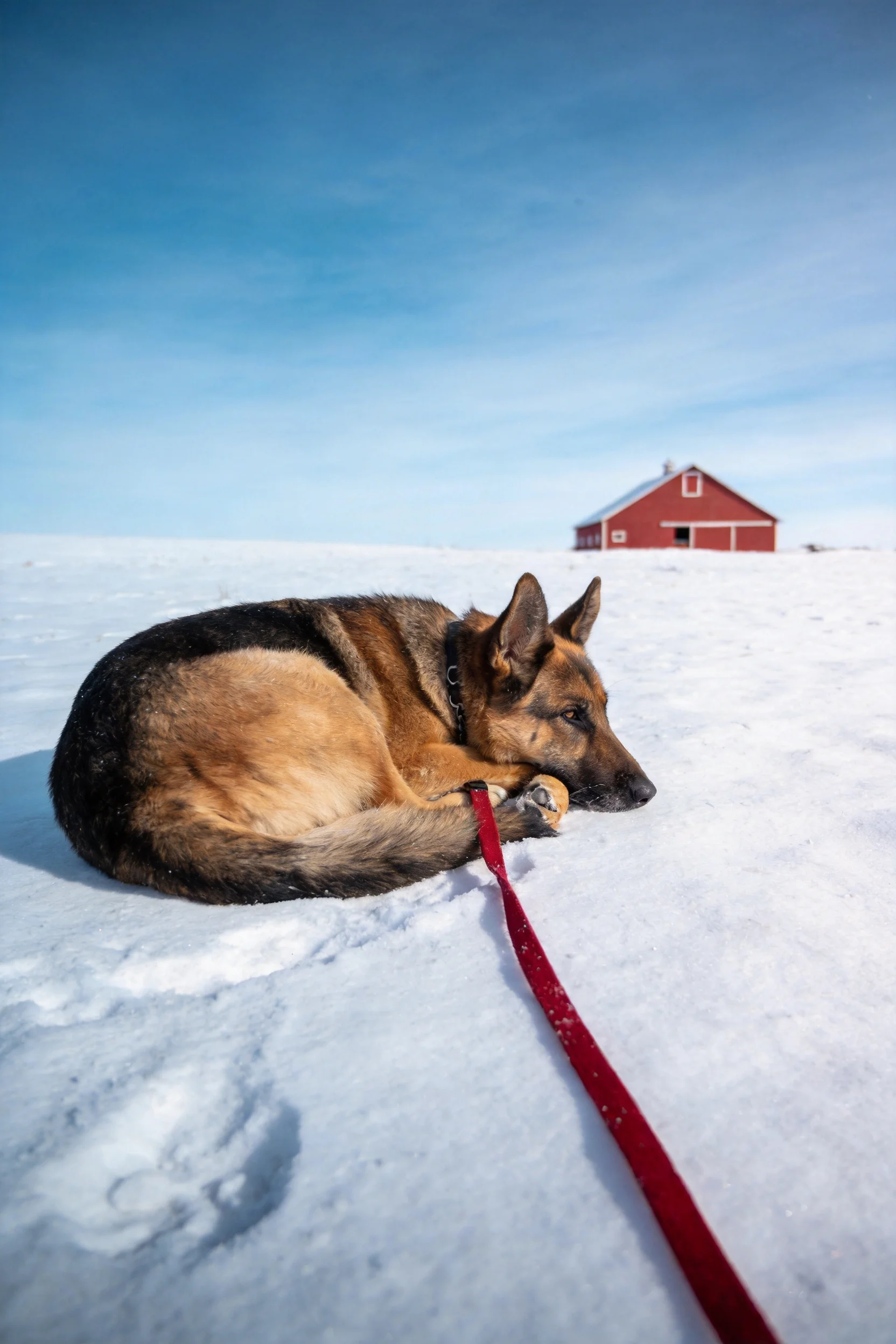 德国牧羊犬棕黑相间的被毛贴附在雪地上,红色的牵引绳清晰可见。