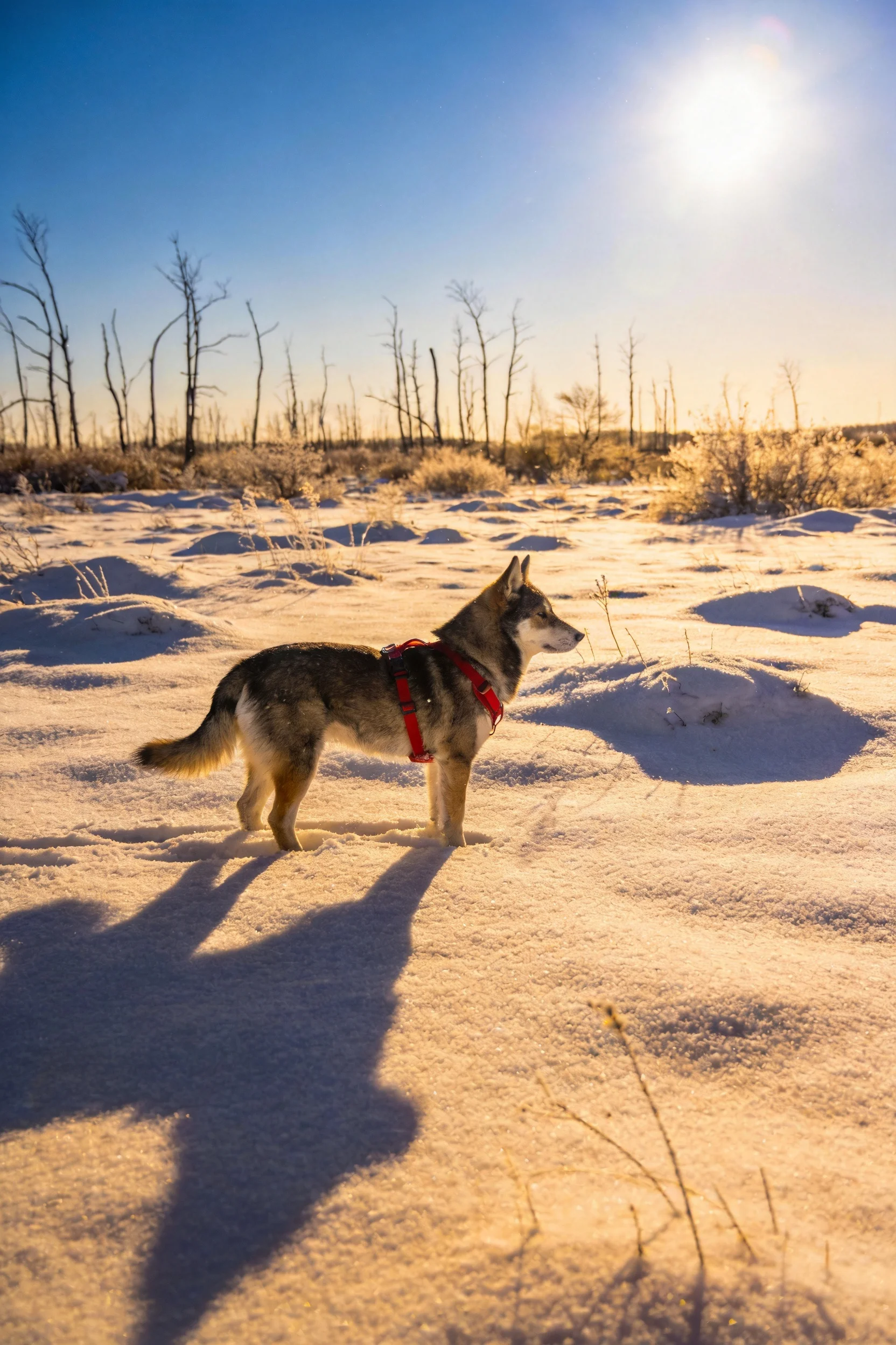 灰褐双色狼犬站在雪地上,红色牵引带清晰可见,毛发蓬松柔软。