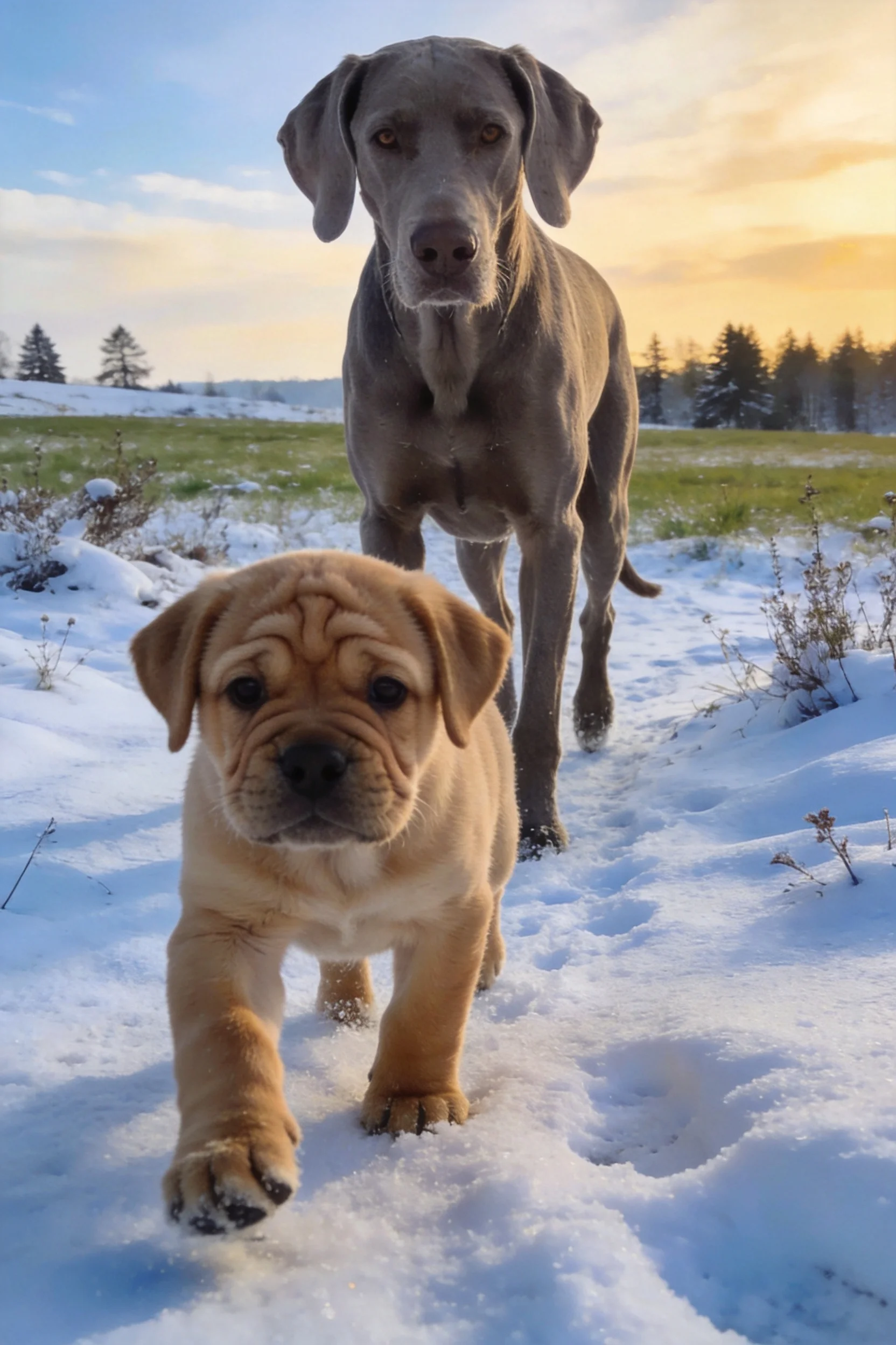 雪地中威玛犬与沙皮犬幼崽同行,沙皮犬幼崽面部有明显褶皱特征。