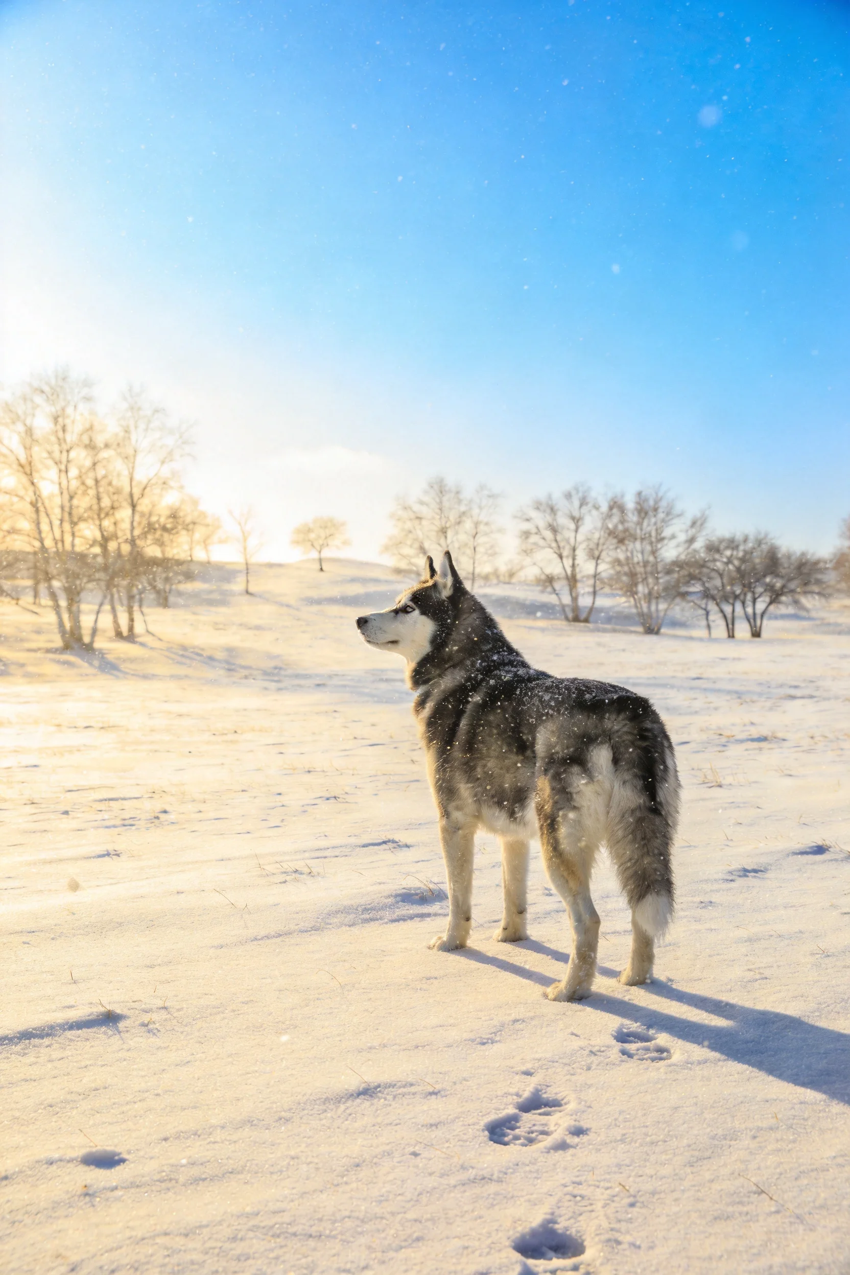 西伯利亚雪橇犬站立在雪地中,黑白相间的毛发沾有少量雪花,姿态警觉。