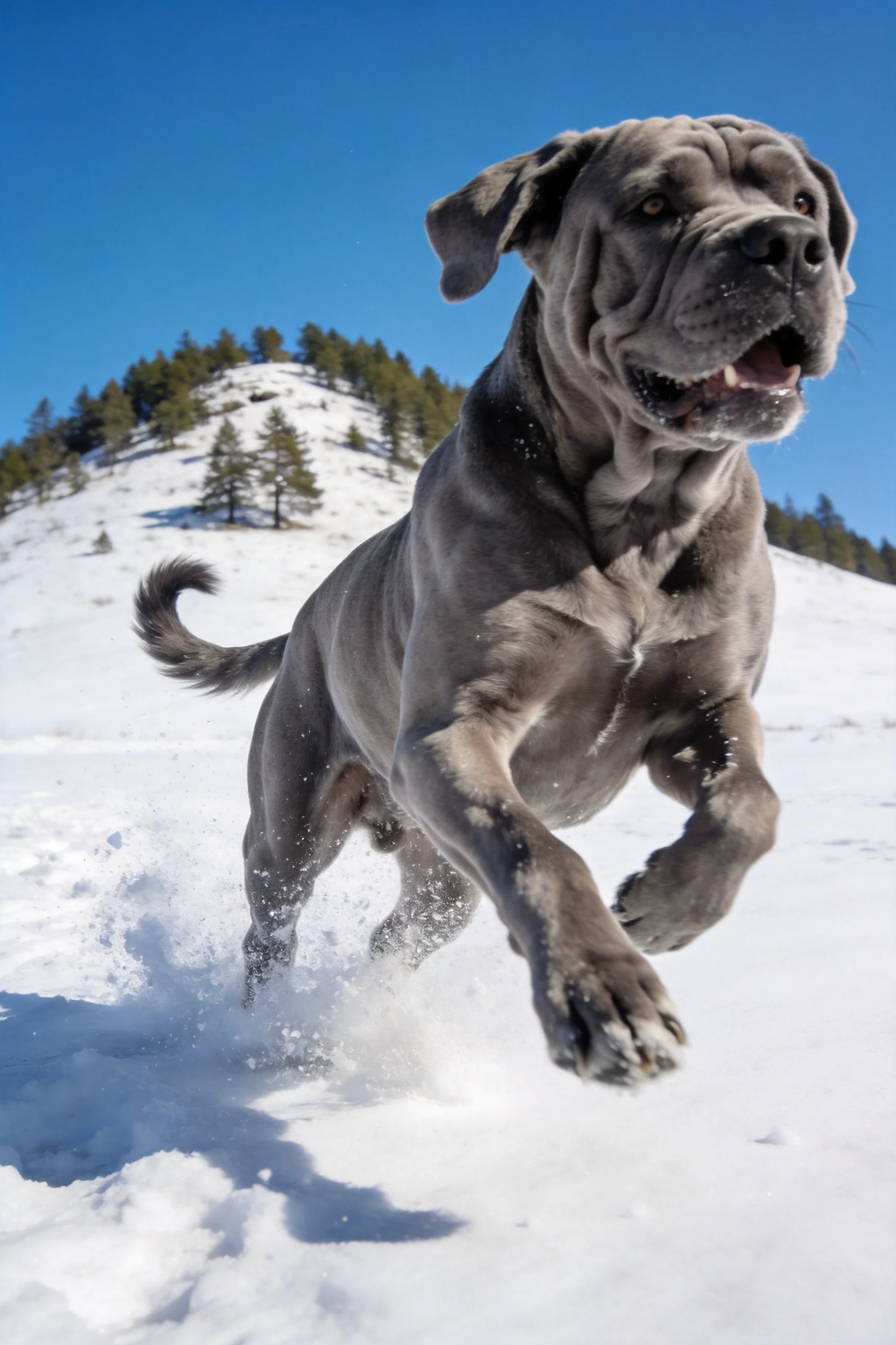 那不勒斯獒犬在雪地奔跑,深灰色皮肤有褶皱,爪子溅起雪花。