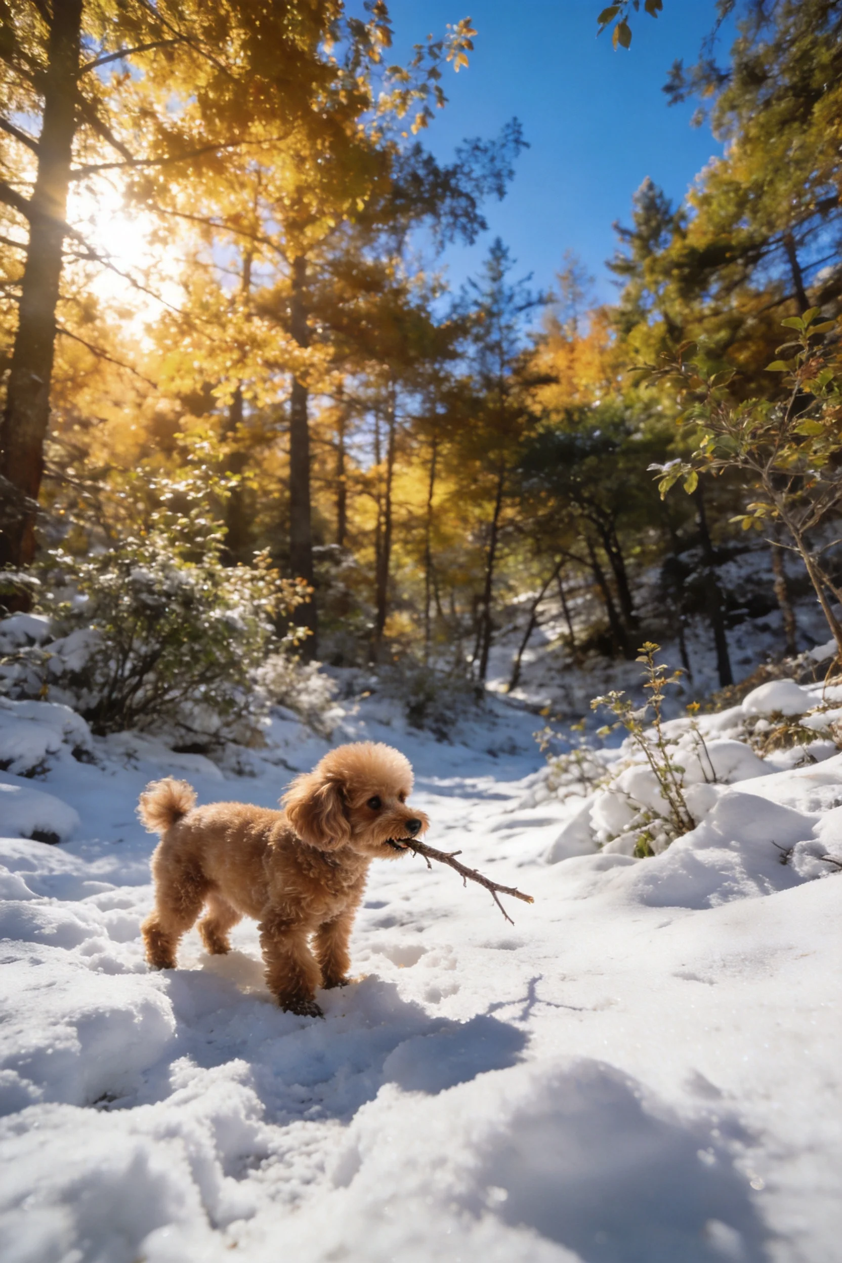 雪地中一只贵宾犬叼着树枝,浅棕色卷毛清晰可见,展现冬季山林里的可爱瞬间。