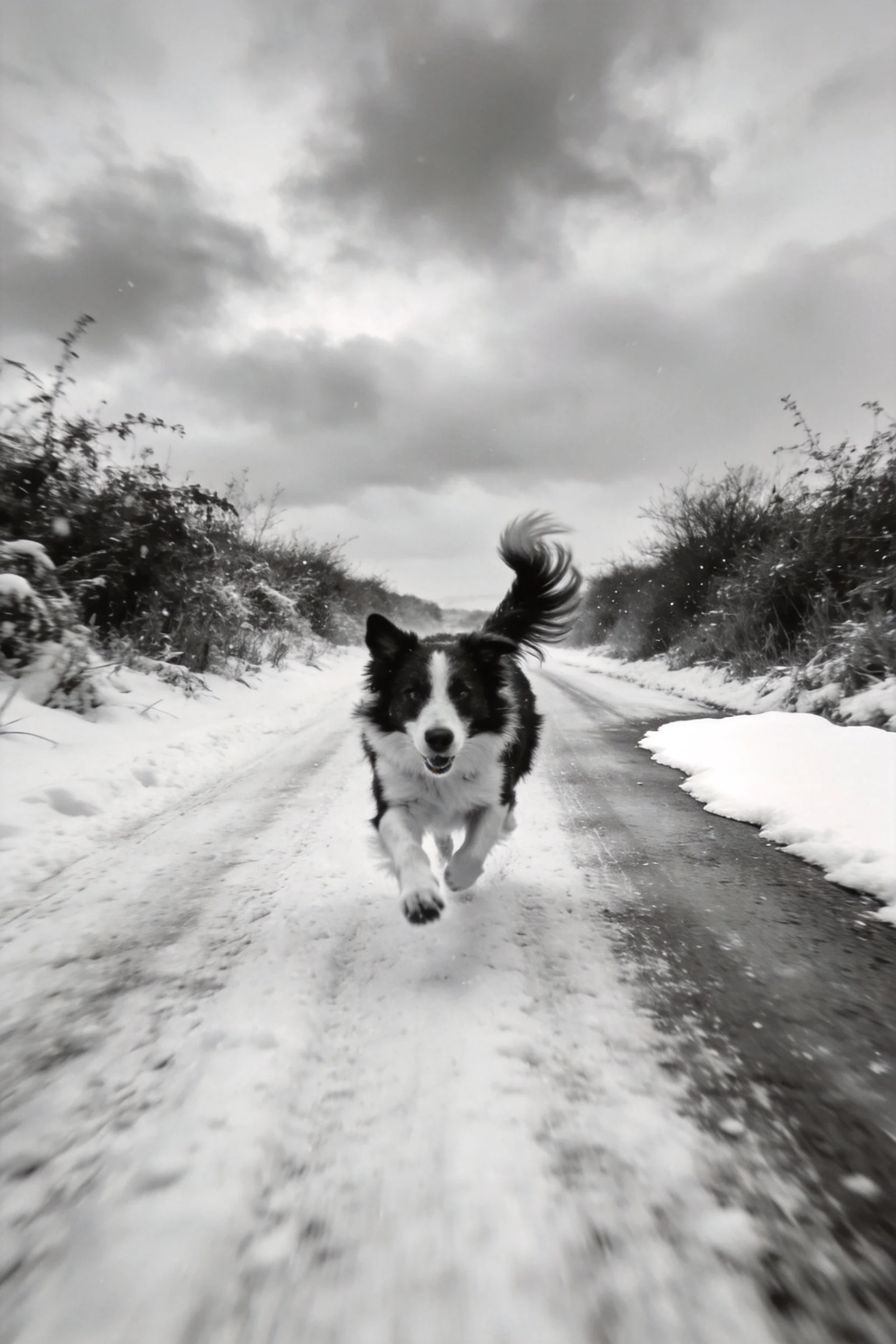 黑白边境牧羊犬在雪地道路上奔跑,黑白相间的被毛随着动作飘动。