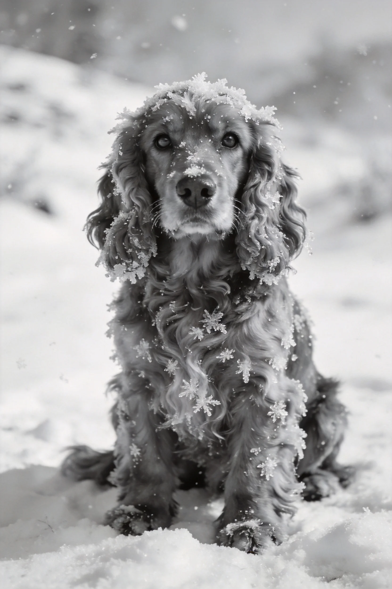 Alt Text 1: 可卡犬身上沾有晶莹雪花，长卷毛与雪晶形成鲜明对比。