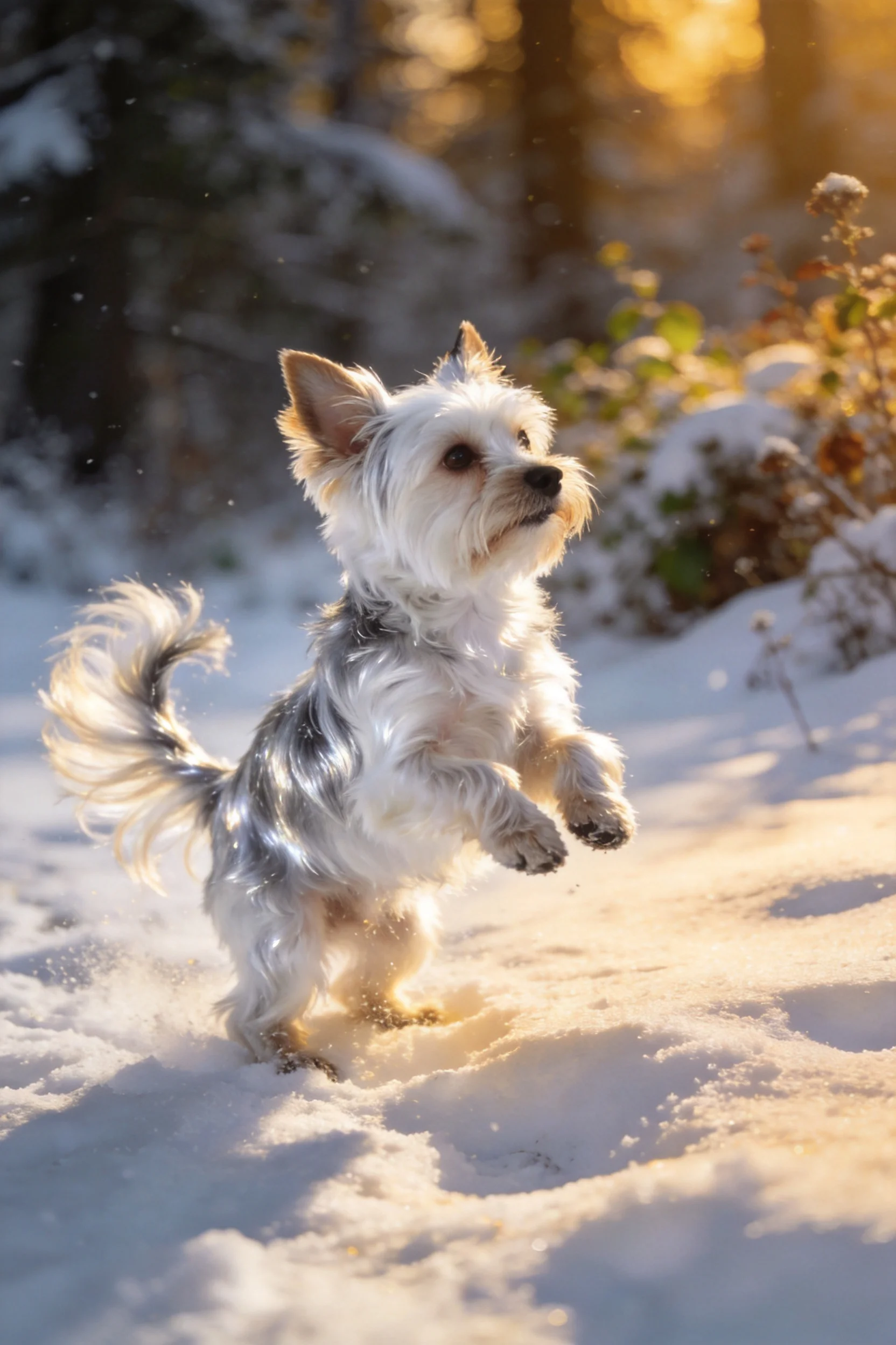 约克夏梗犬在雪地中跳跃,白灰双色毛发蓬松贴附身体,爪子踩在雪地上溅起雪花。
