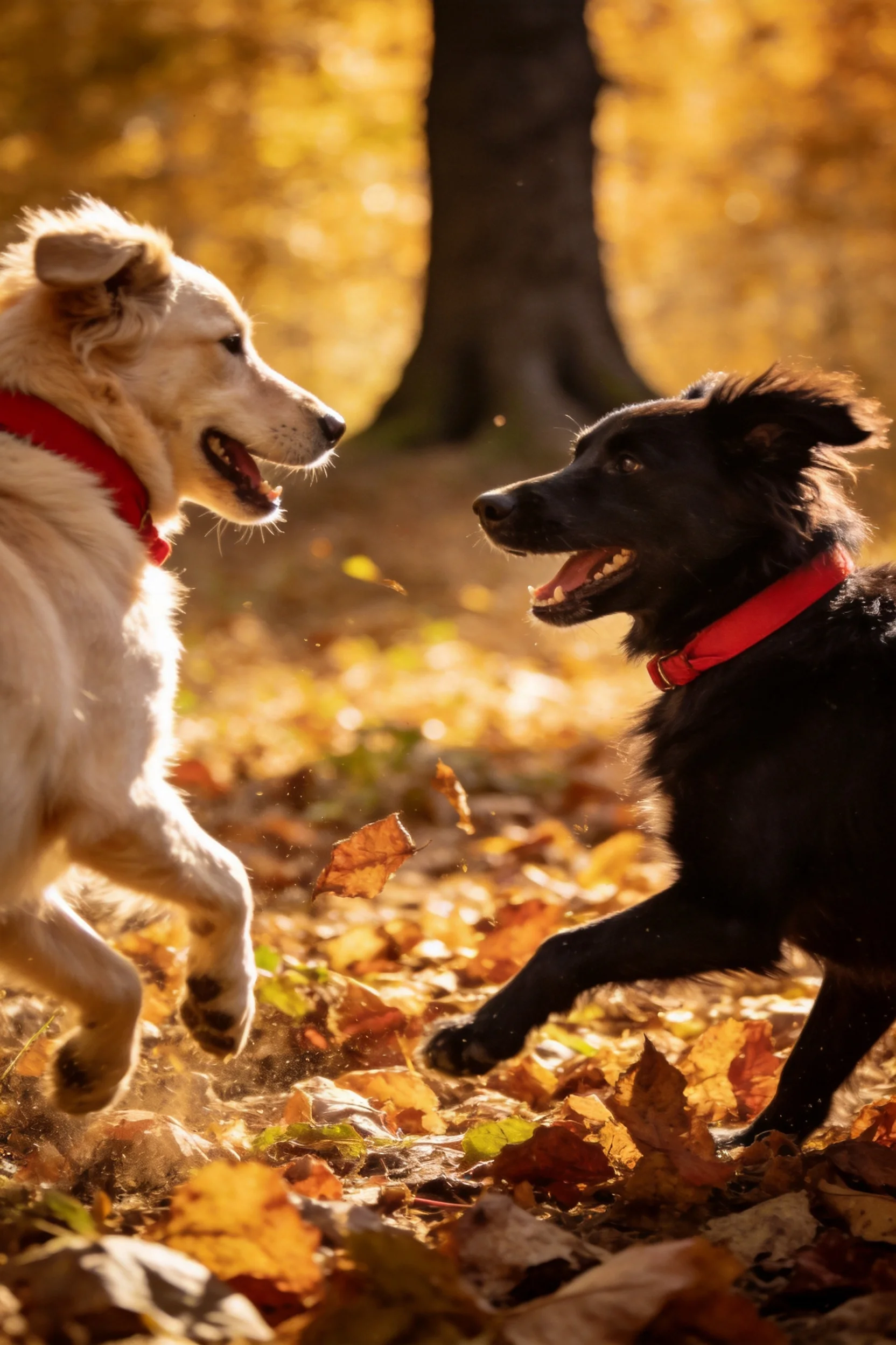 金毛寻回犬与黑边境牧羊犬在秋日落叶中互动,黑边境牧羊犬乌黑浓密毛发,金毛寻回犬浅金色蓬松毛发。