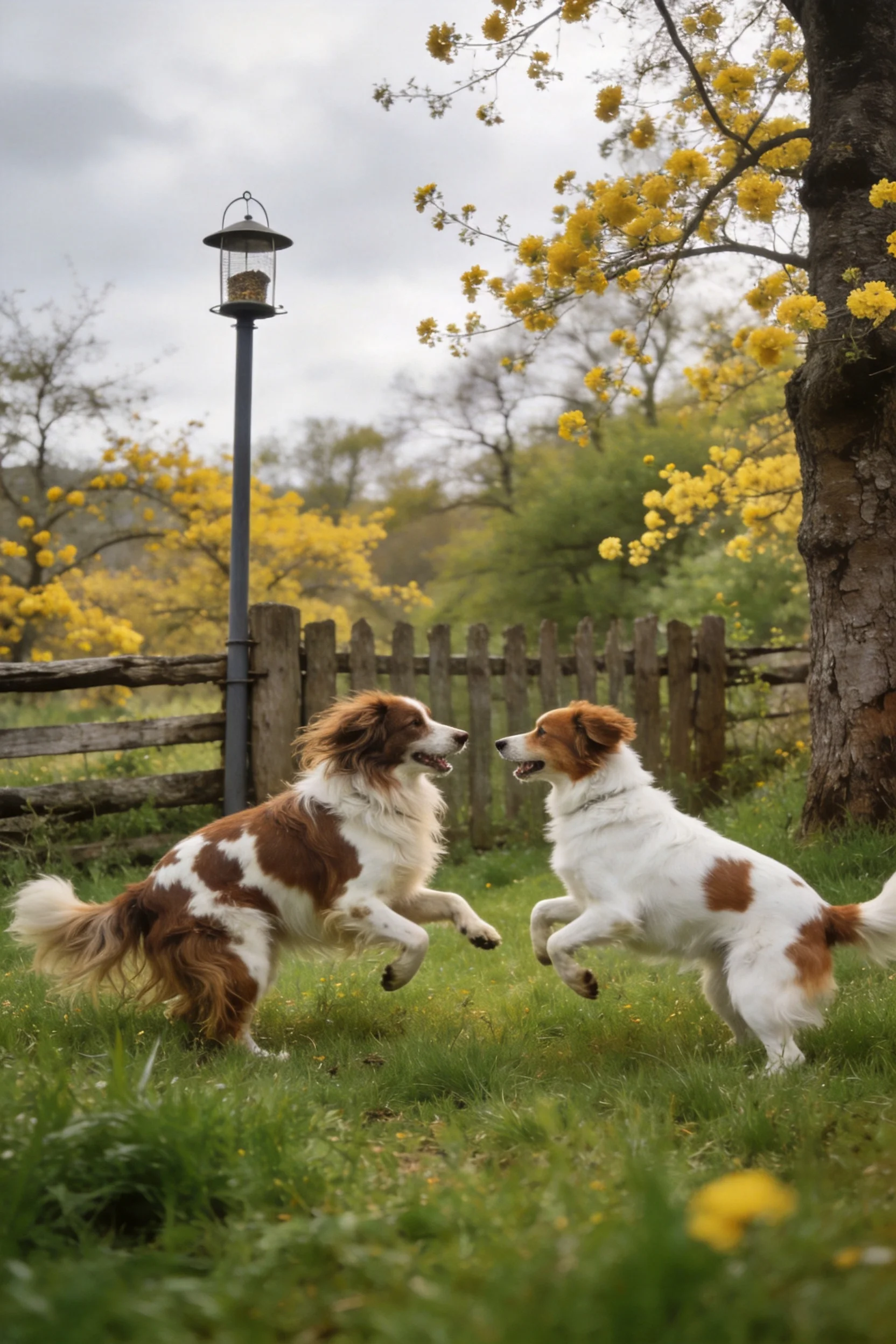 两只英国史宾格犬在青草地上互动,白色带棕色斑纹的被毛与活泼姿态清晰可见。