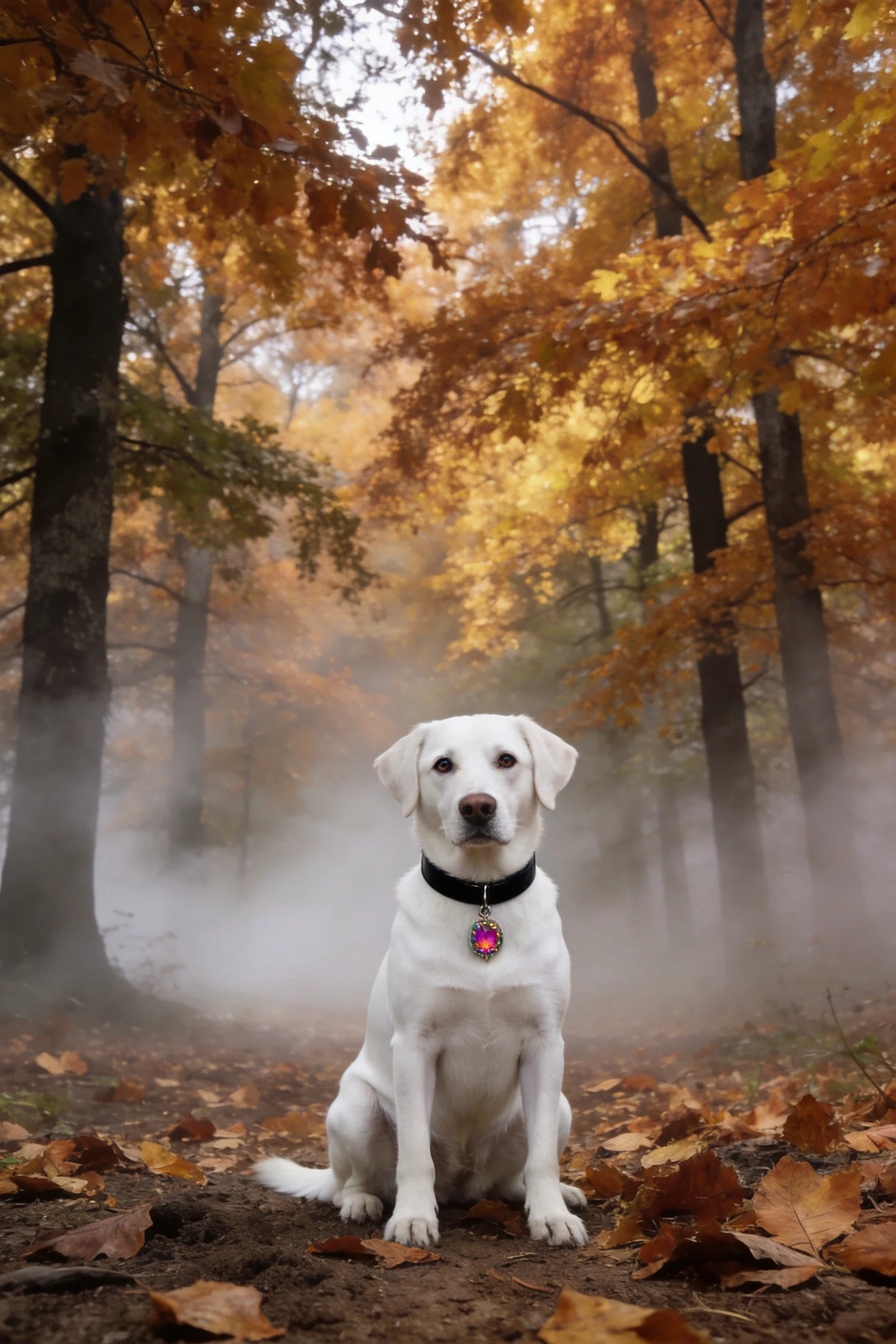 白色拉布拉多犬安静地坐在秋日雾林的落叶小径上,黑项圈与彩色吊坠清晰可见,雪白被毛与金黄秋景形成鲜明对比。