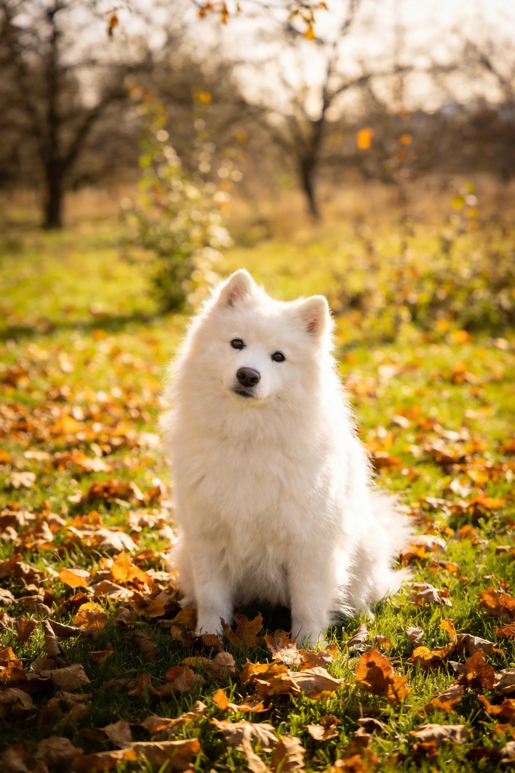 萨摩耶犬有着蓬松洁白的毛发,安静地坐在铺满金黄落叶的草地上,眼神温和。