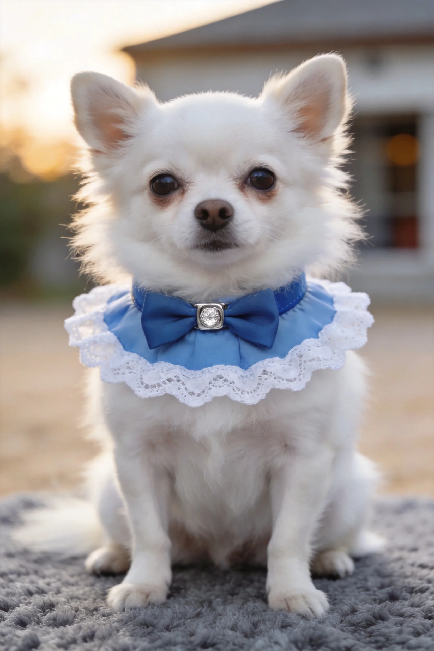 一只白色吉娃娃犬佩戴蓝色蕾丝项圈,项圈上有闪亮宝石装饰。