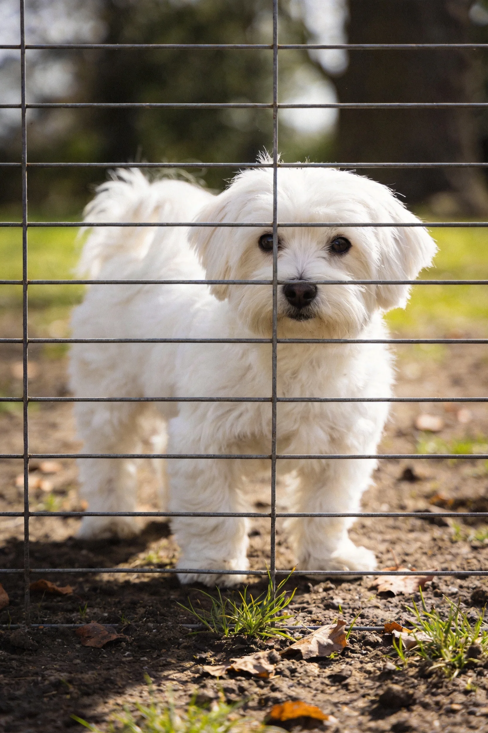 马尔济斯犬站在铁栏后,洁白蓬松毛发毛发在阳光下显得柔软可爱。