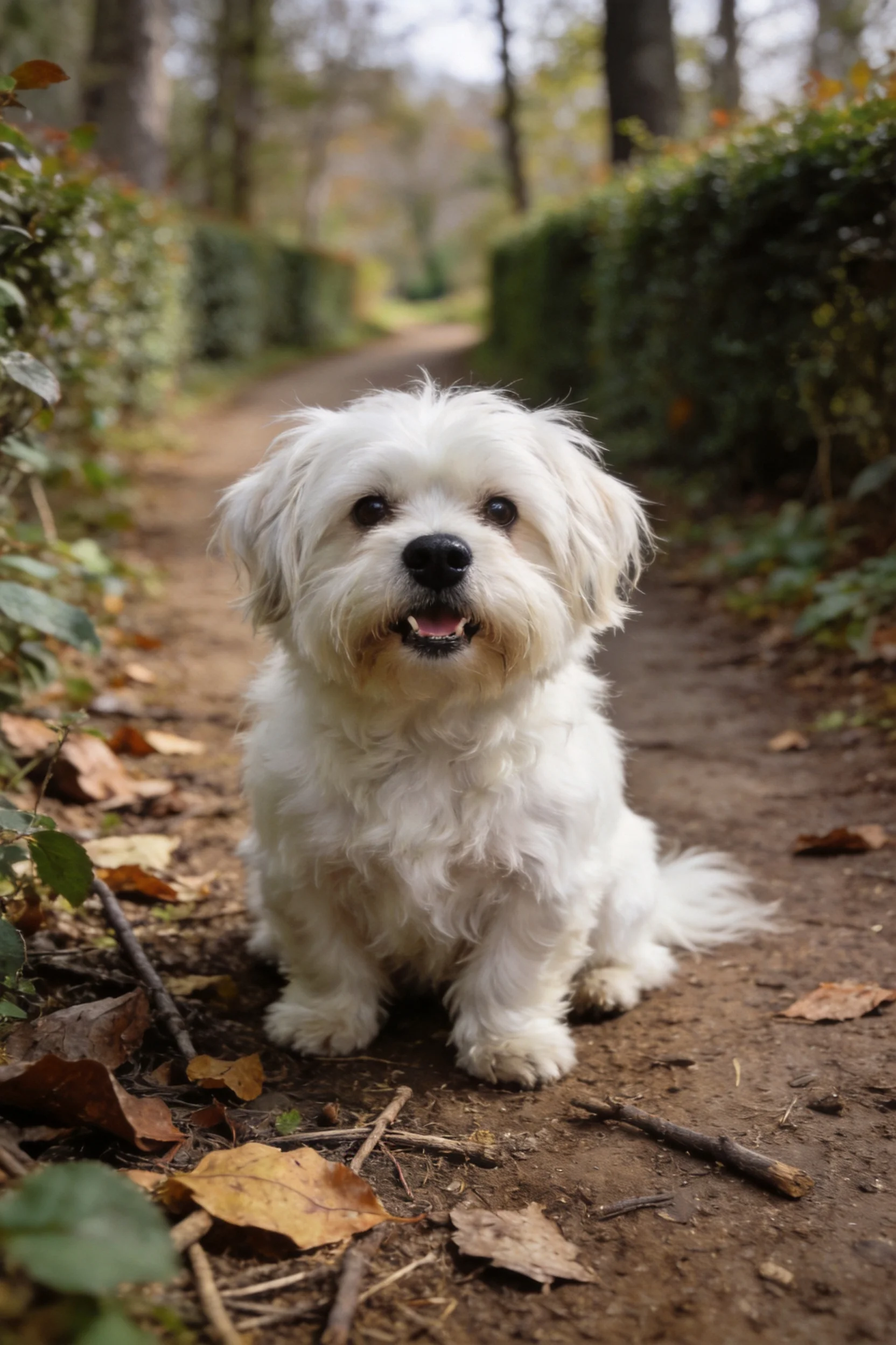 马尔济斯犬蓬松洁白的卷毛贴在脸部,坐在林间泥土小道上。