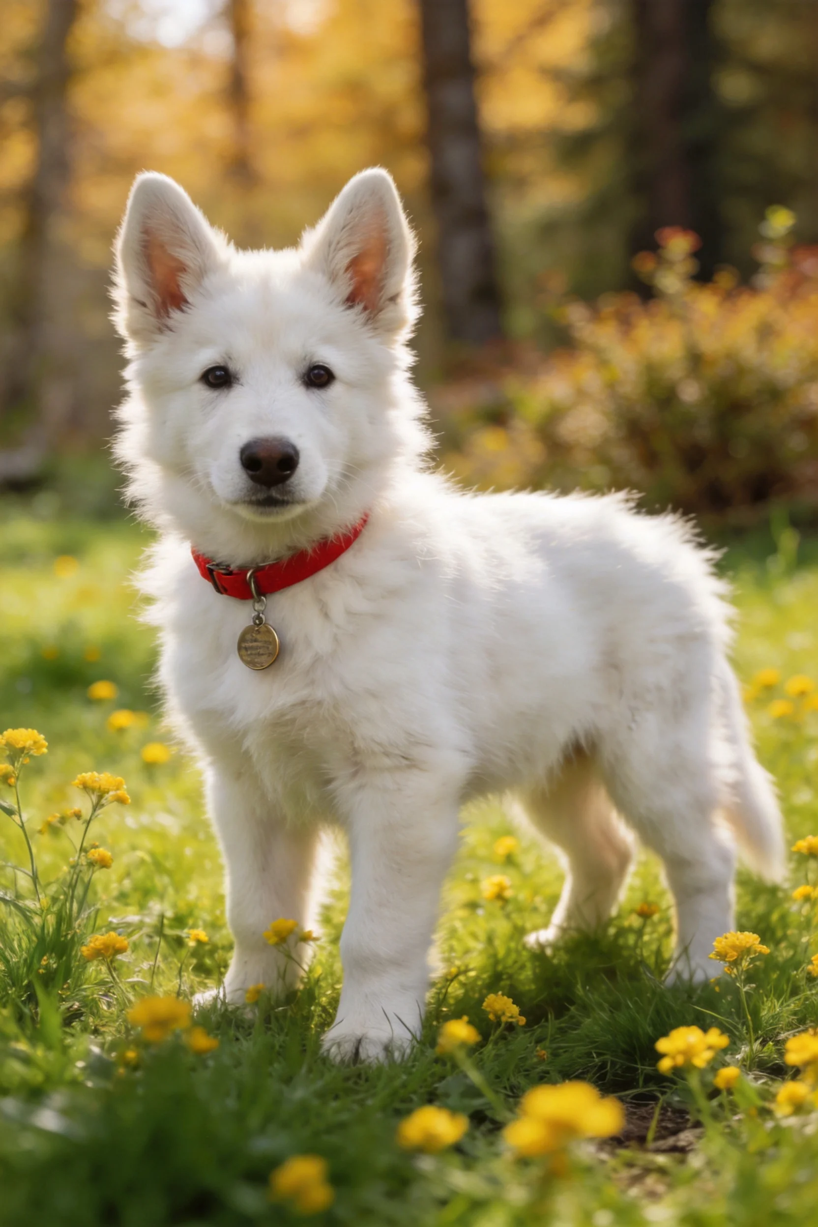 一只白瑞士牧羊犬幼犬站在开有黄色小花的草地上,戴着红色项圈,有着蓬松洁白的被毛。