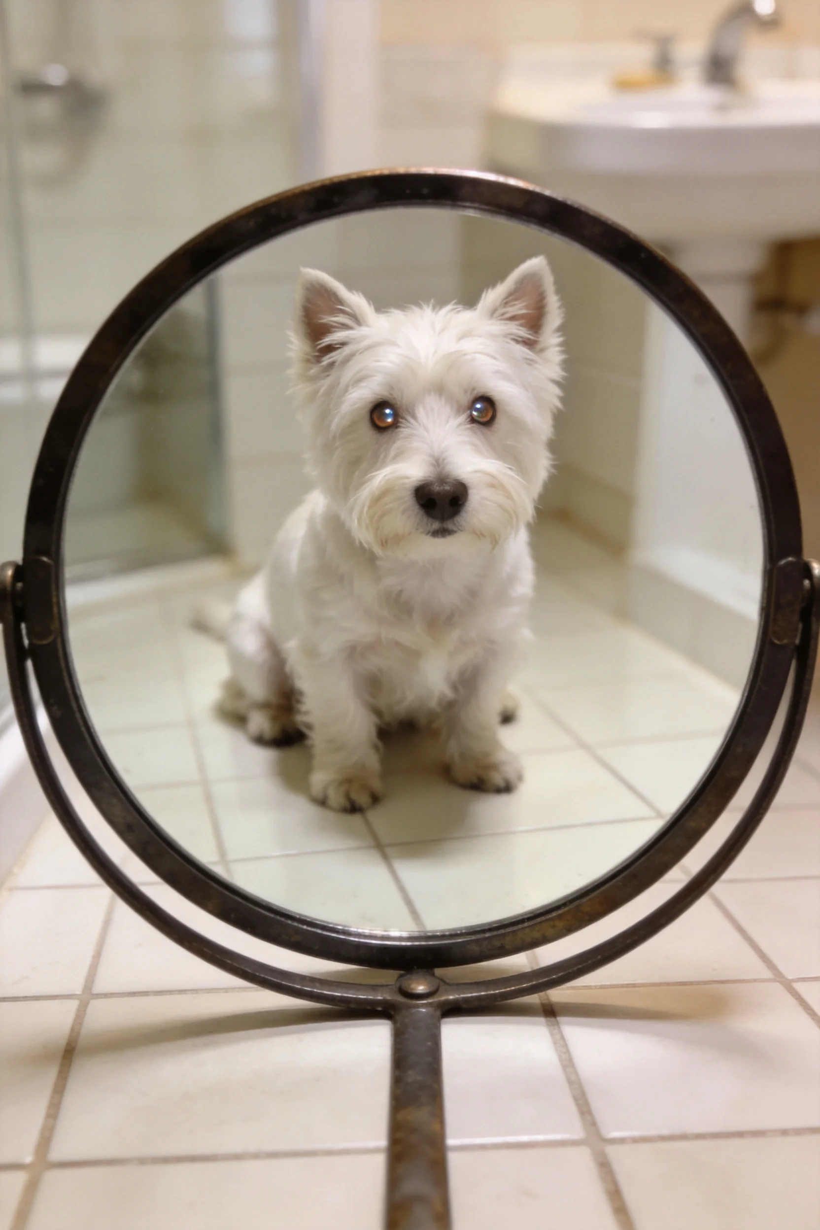 西高地白梗犬注视镜中自己的特写镜头,白色蓬松毛发清晰可见。