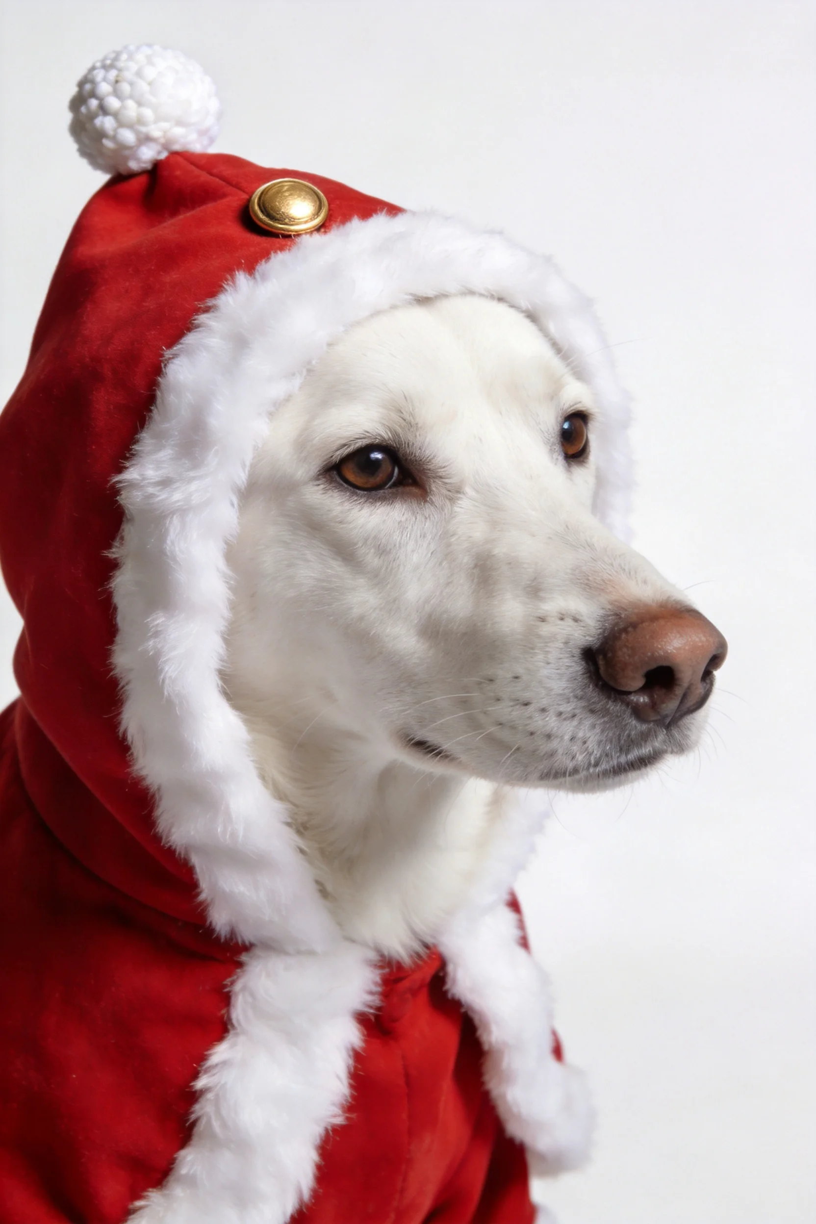拉布拉多犬身着红色圣诞服饰，白色毛发与红色服装形成鲜明对比，帽子上金色纽扣和白色绒球清晰可见。