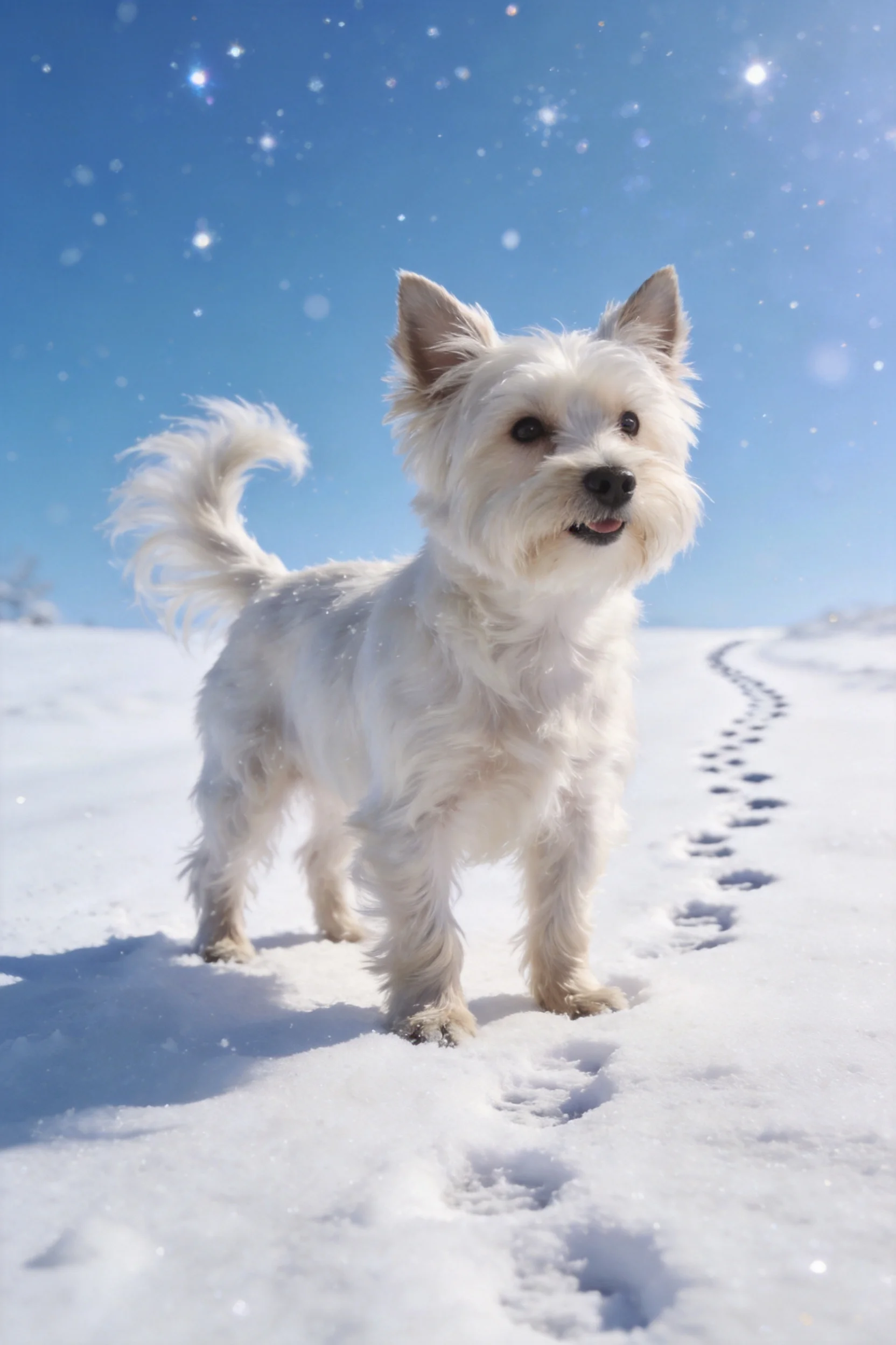 西高地白梗站立在雪地上，白色蓬松毛发与雪地环境相映成趣。