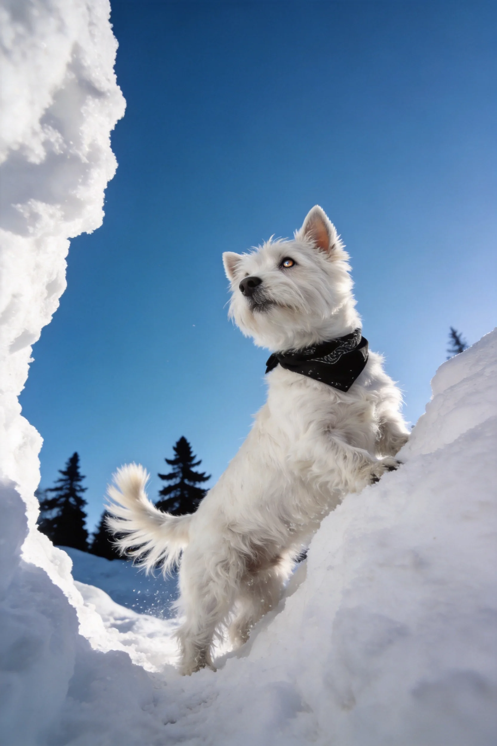 西高地白梗犬在雪地中站立,佩戴深色项圈,白色蓬松毛发清晰可见。
